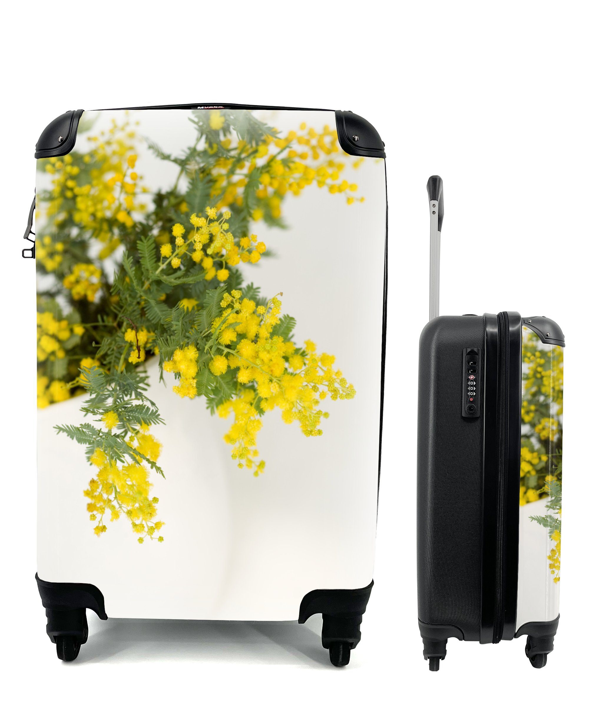 MuchoWow Handgepäckkoffer Gelbe Mimosenpflanzen 4 Rollen, Handgepäck Ferien, für in Reisetasche Topf, Trolley, grünen mit Blättern mit Reisekoffer rollen, großen einem