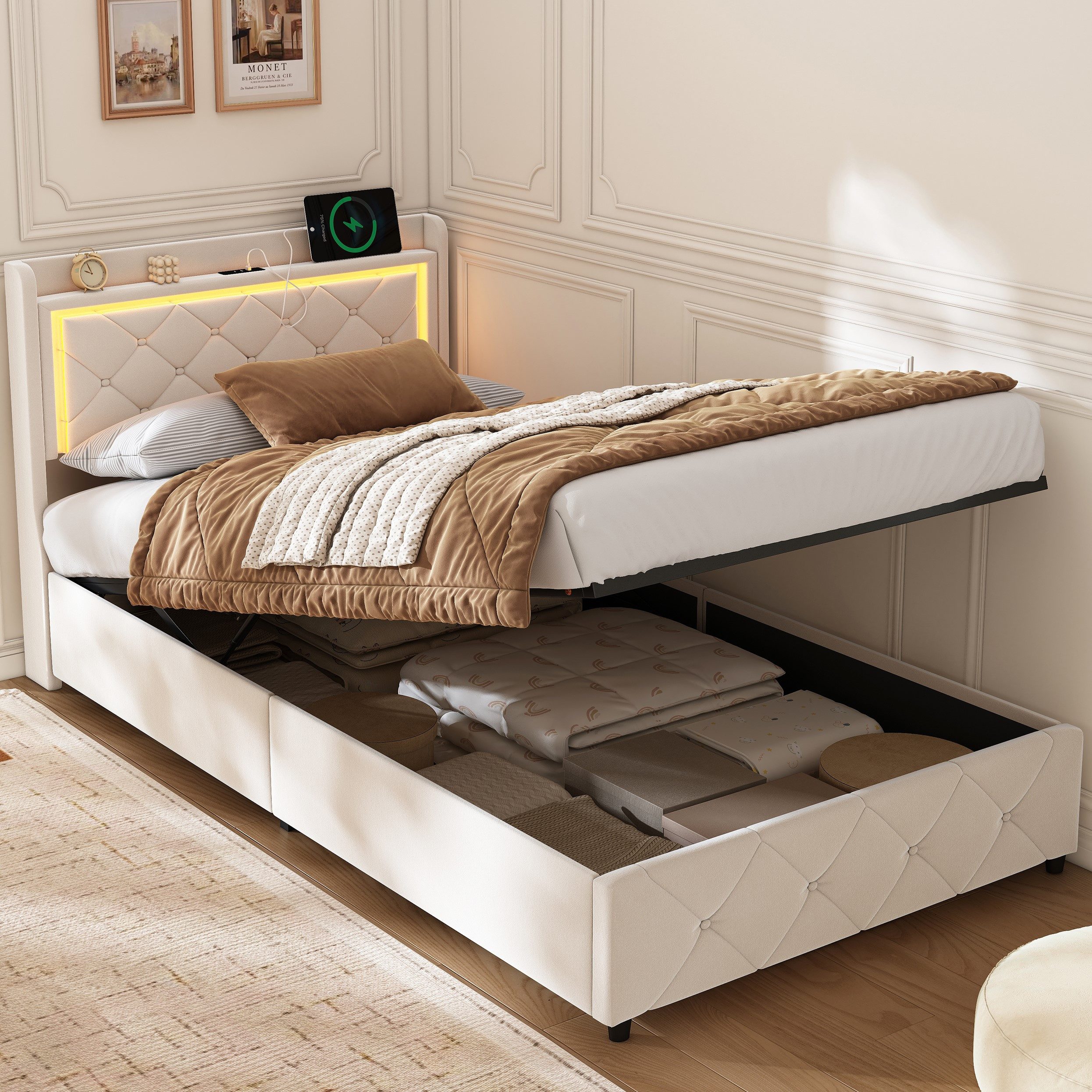 Gdood Polsterbett LED Stauraumbett 90x200 cm (1-tlg., Hydraulischem Stauraum), Mit LED-Beleuchtung, Ladefunktion, Samt