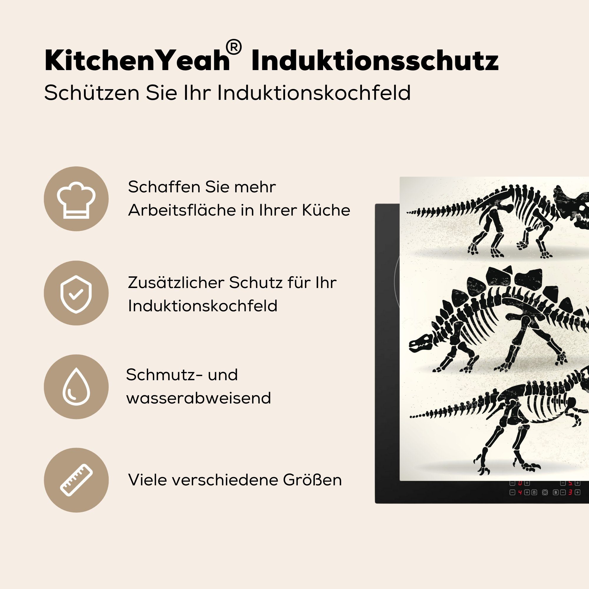 MuchoWow Herdblende-/Abdeckplatte Dinosaurier - Skelett küche Kids - Pfotenabdruck Zeichnung - - 78x78 tlg), für Ceranfeldabdeckung, Kinder Vinyl, (1 -, Arbeitsplatte - cm