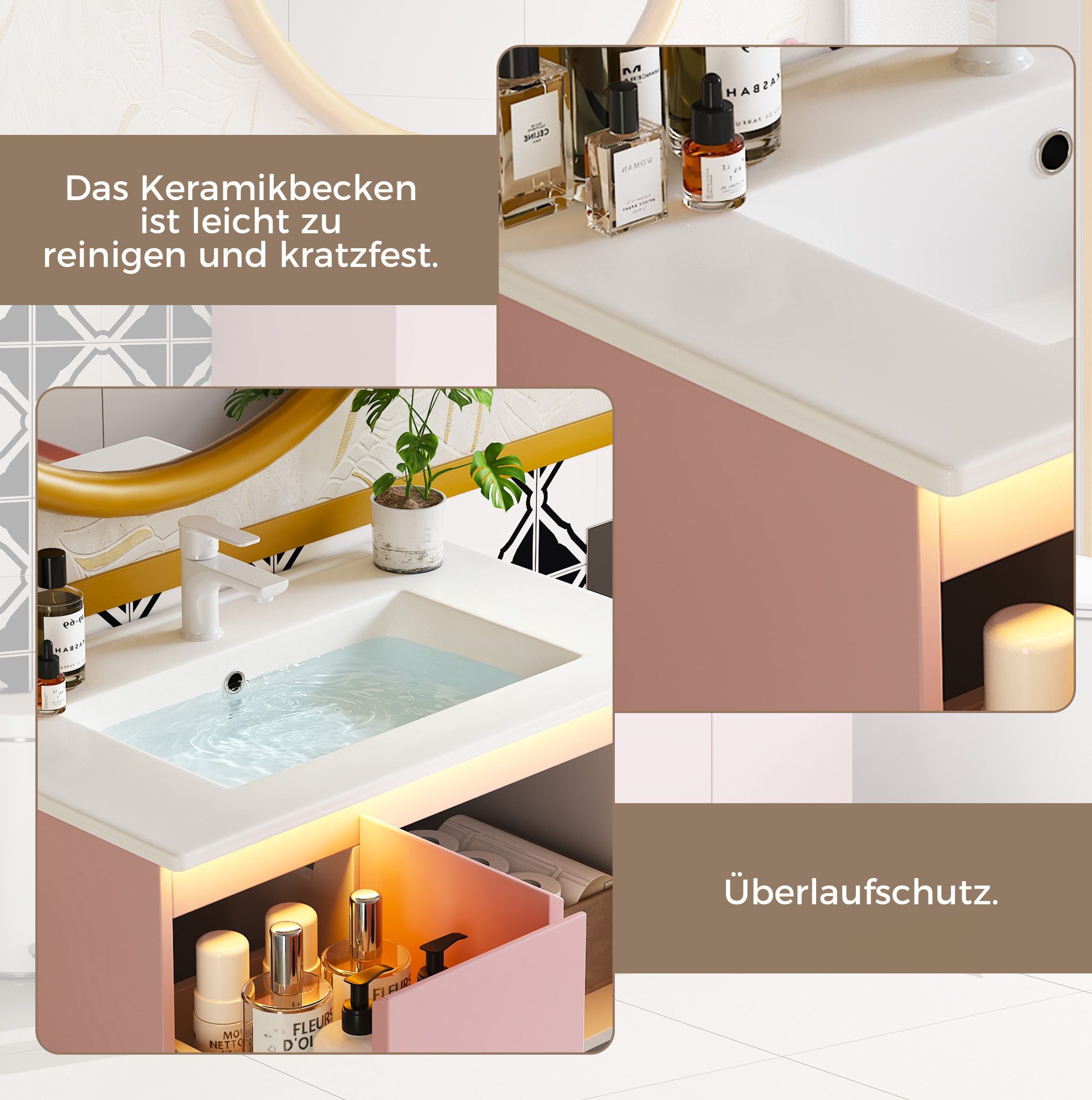 MODFU Waschbeckenunterschrank Freistehender Badmöbel Waschtisch 76x47x89 cm mit Keramikwaschbecken (LED-Beleuchtung mit Bewegungssensor, Soft-Close-Funktion und erhöhten Standfüßen, Badezimmerschrank, Badschrank)