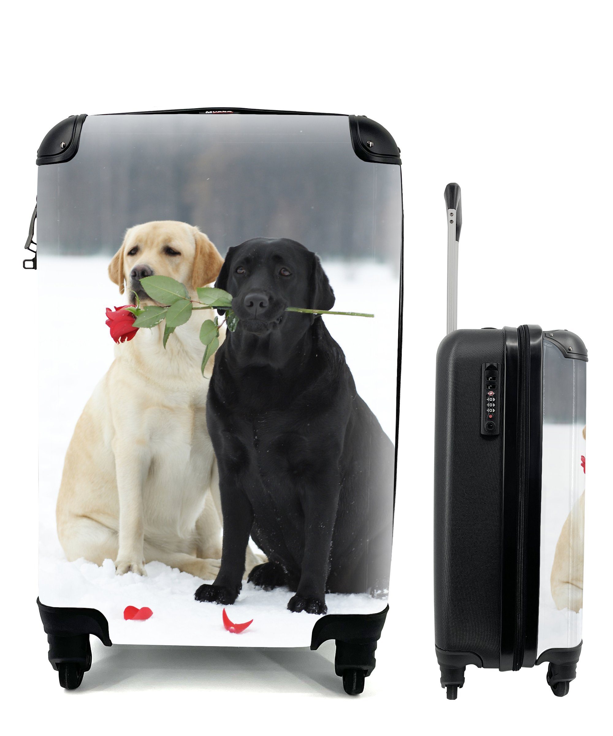 MuchoWow Handgepäckkoffer Hund - Rosen - Schnee, 4 Rollen, Reisetasche mit rollen, Handgepäck für Ferien, Trolley, Reisekoffer
