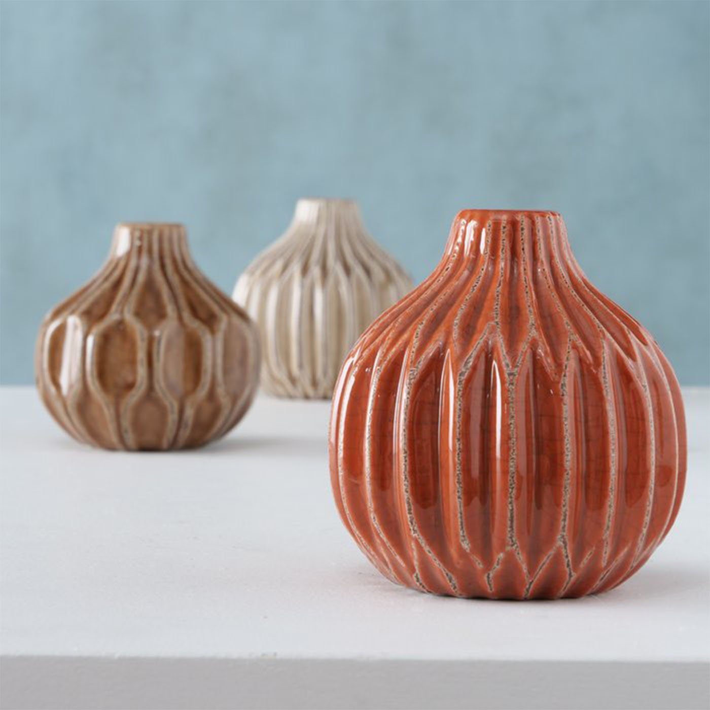 Dekovase Vase im 3er Set im Shabby Chic Look aus Keramik Blumenvase Orange
