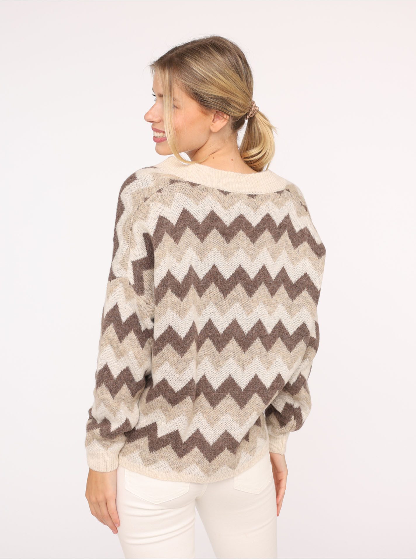 Zwillingsherz Strickjacke Langarm, Zick-Zack-Muster, Knopfleiste, tiefer V-Ausschnitt