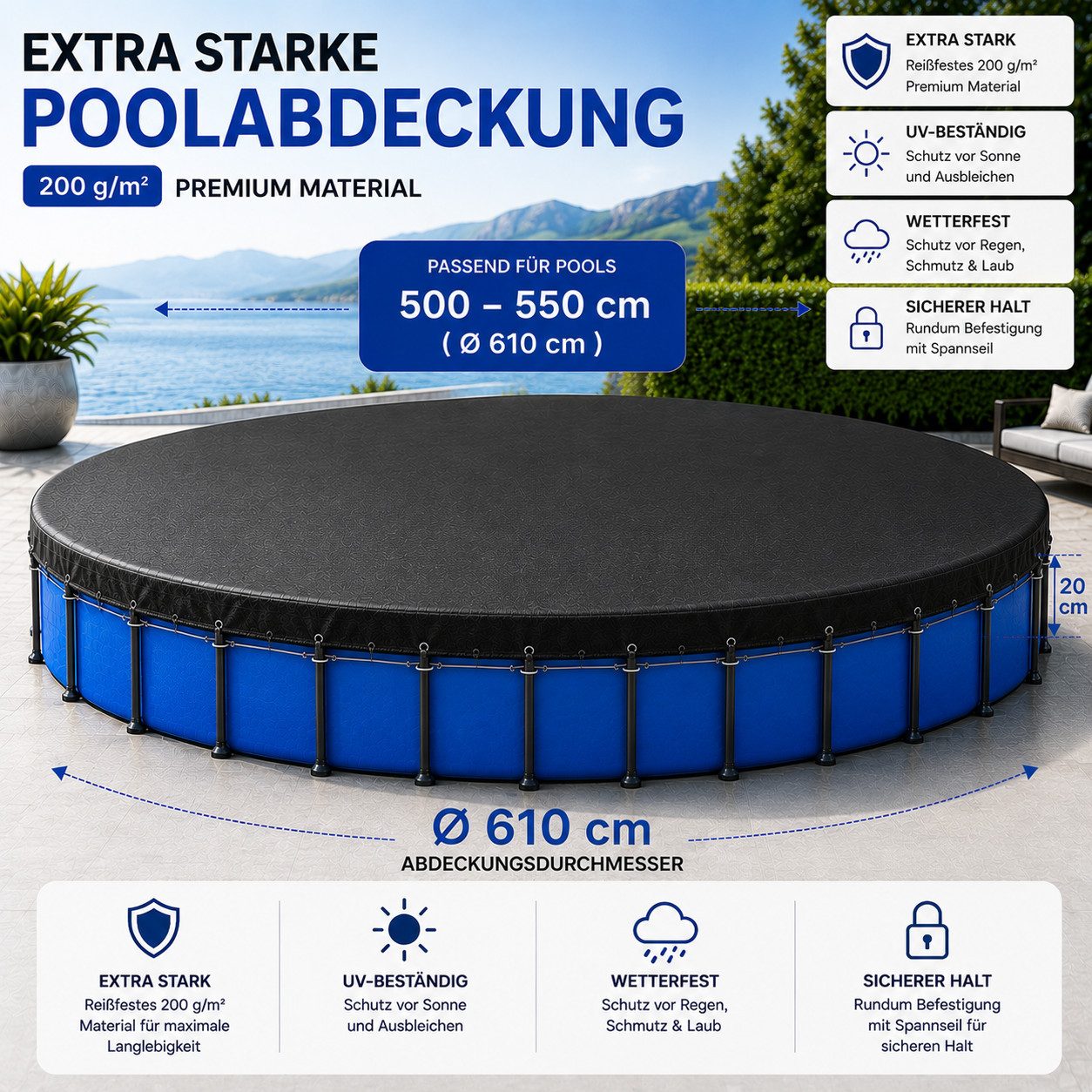 TK Gruppe Poolüberdachung Poolabdeckung rund – Extra starke 200 g/m² Poolplane schwarz