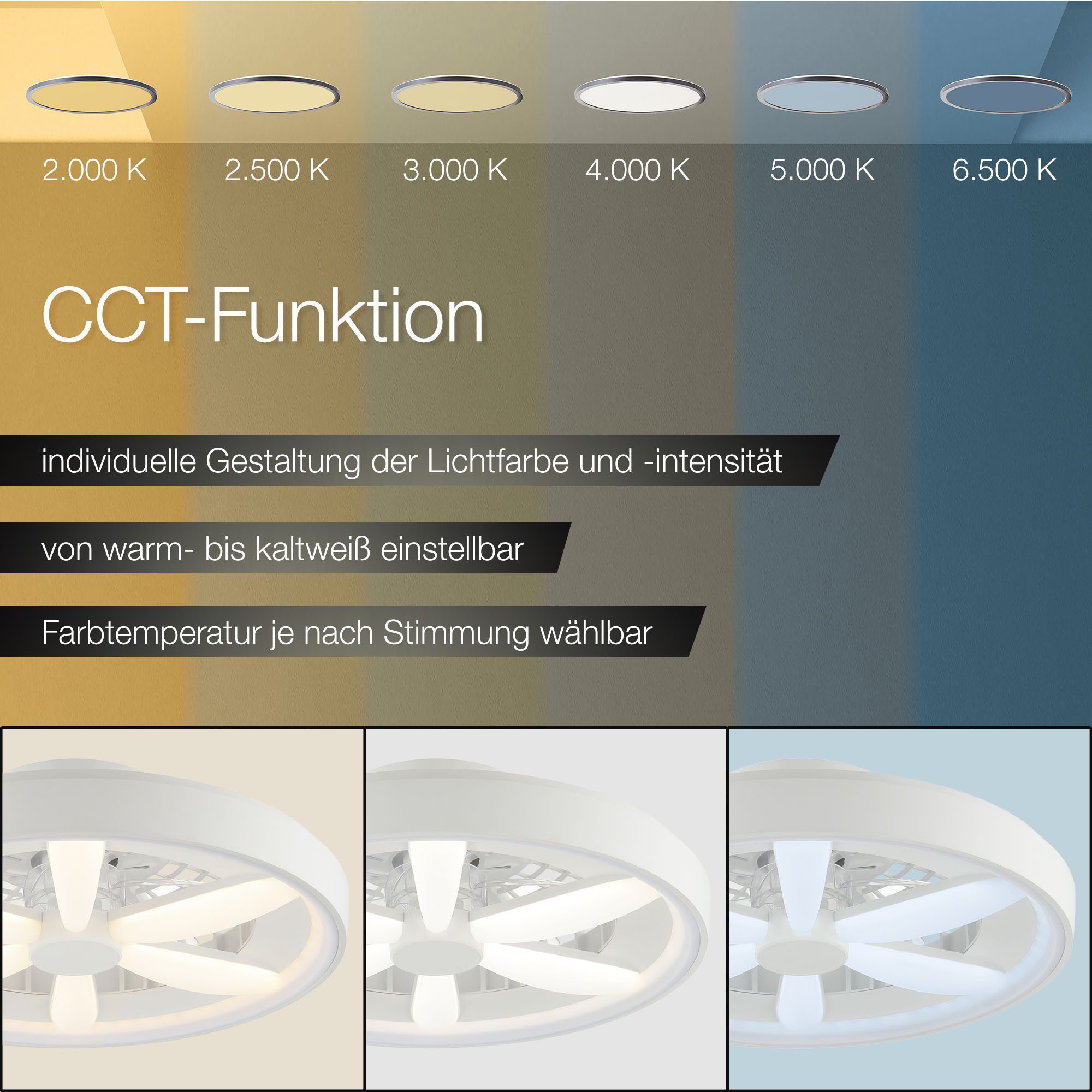 Hanseatic LED Deckenleuchte DLV2205, CCT - über Fernbedienung, Dimmfunktion, Ventilatorfunktion, LED fest integriert, RGB, warmweiß - kaltweiß, LED Ventilator, Ø 48 cm, 6400 lm, dimmbar, Fernbedienung