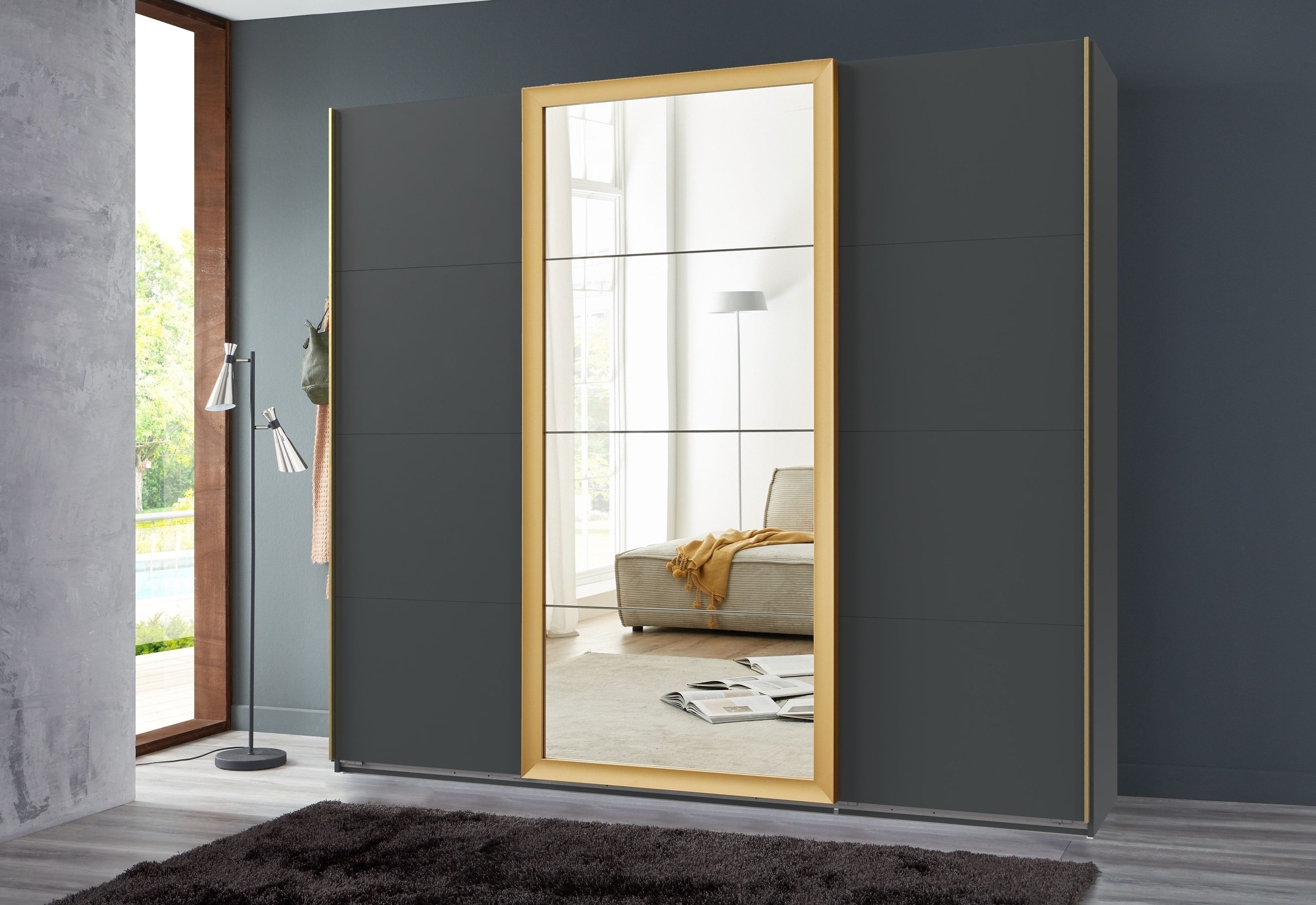 freiraum Schwebetürenschrank KATAR in GRAPHIT + GOLDFARBEN - 225x208x64cm (BxHxT)