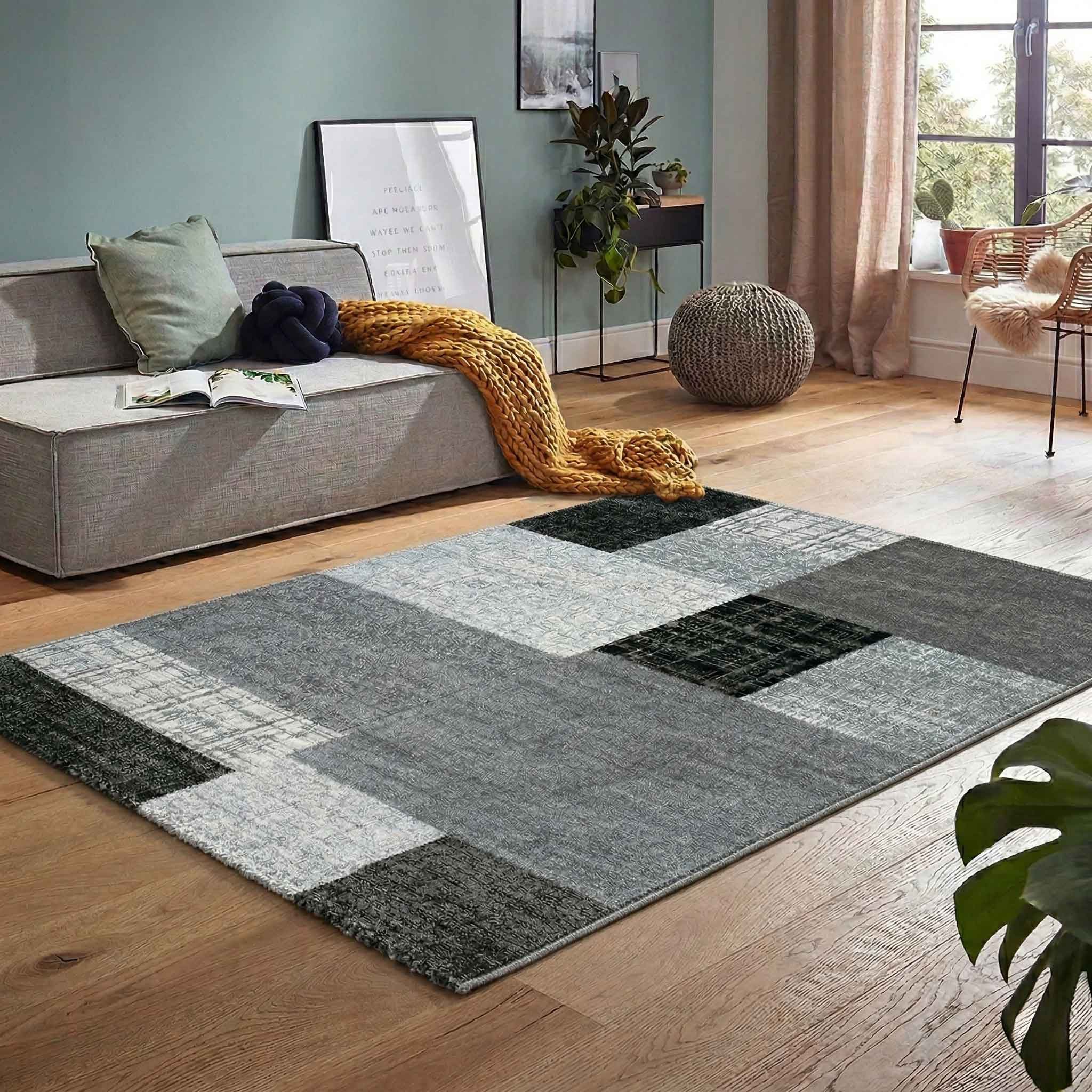 Vimoda Teppich Wohnzimmer Klassisch Karo- kariert Design, Rechteckig, Höhe: 5 mm, Läufer Kachel Optik in Türkis Grau Gelb & Lila Teppich Schlafzimmer