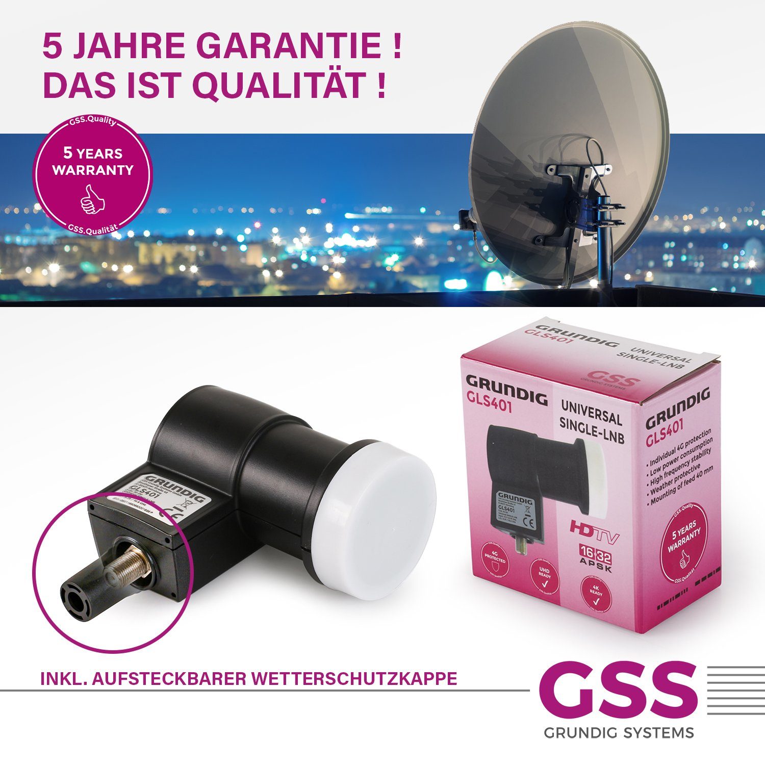 + Aufdrehhilfe (LTE Wetterschutzkappe, GLS & schwarz - 401 Universal-Single-LNB Full hitzebeständig) GSS kälte- Filter 4K, HD,