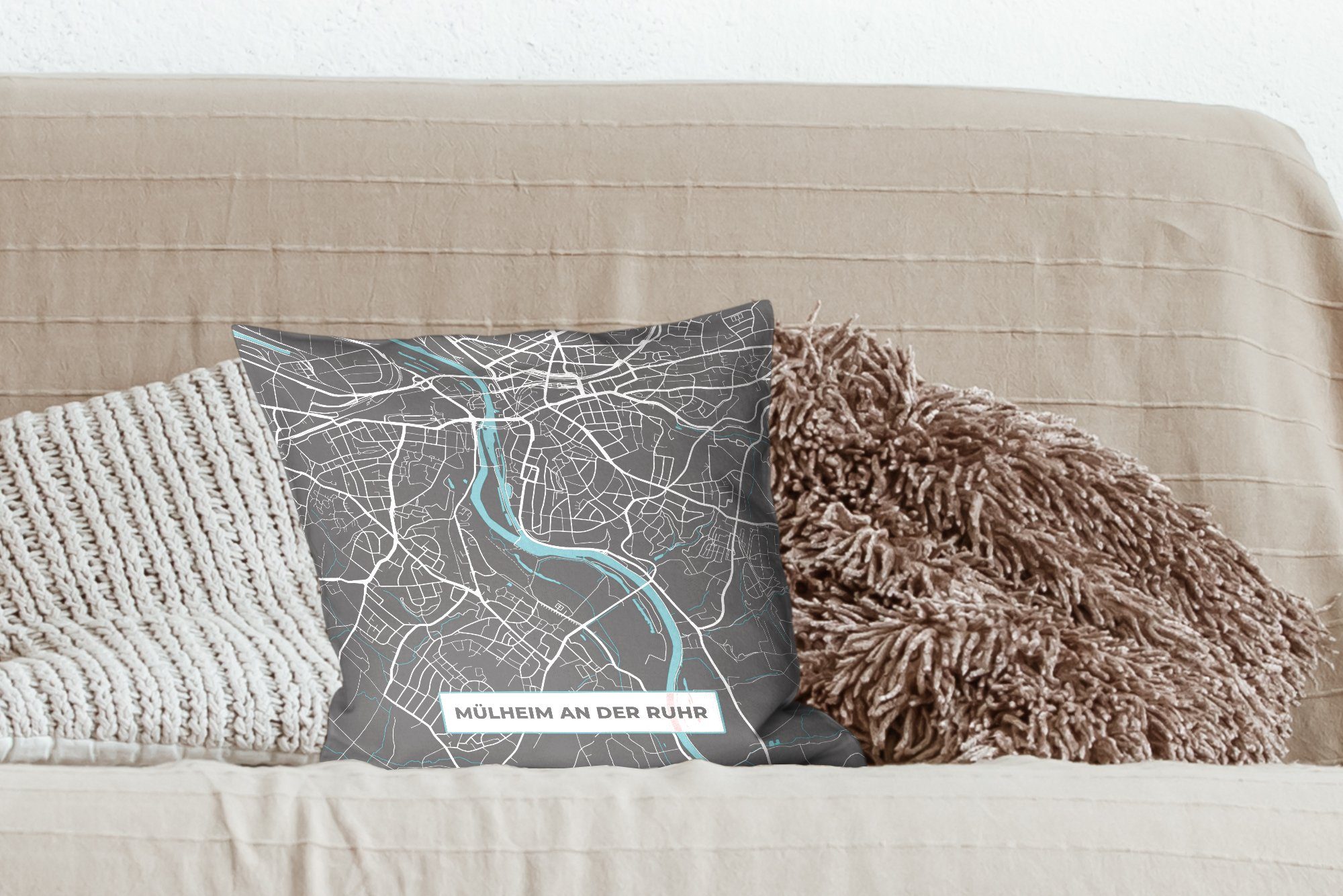 MuchoWow Dekokissen Stadtplan - Deutschlandkarte Füllung - Sofakissen - - Schlafzimmer, Deko, Ruhr Mülheim Zierkissen Blau an Wohzimmer, der für mit Karte