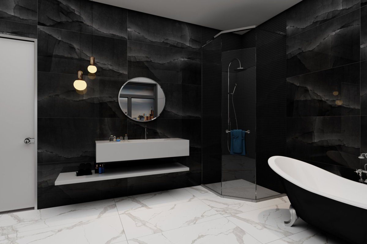 Wandfliese 1 Paket (1,44 m2) Fliesen ONYX BLACK (60 × 120 cm), hochglanz, schwarz, Marmoroptik Steinoptik Küche Wand Bad Flur Wandverkleidung