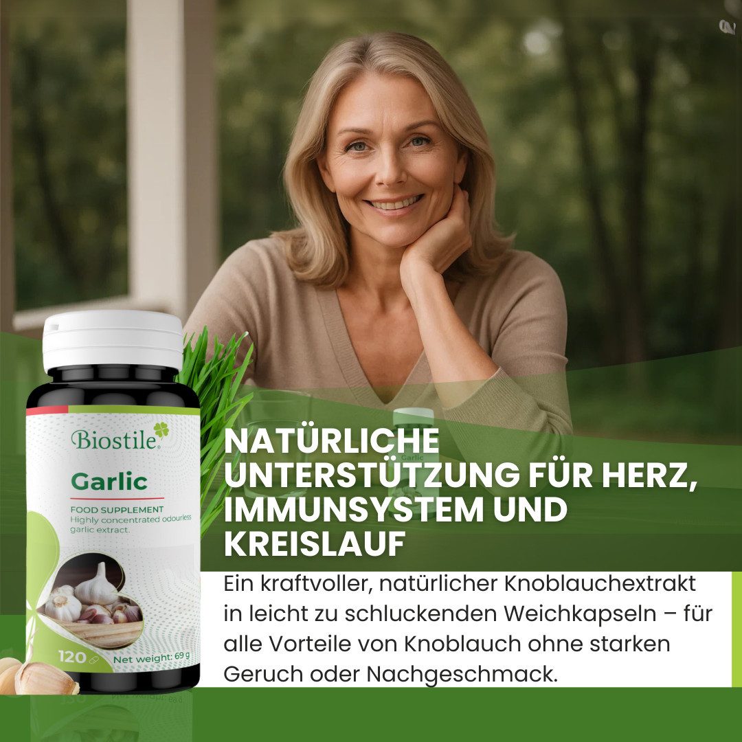 Biostile Biostile Knoblauchextrakt geruchsfrei für die tägliche Routine - Kapseln, 69 g, Ohne Knoblauchgeruch, aus 2 g frischem Knoblauch, 120 Stück