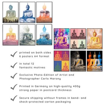 murimage® Poster murimage® Premium Poster Set DOPPELSEITIG bedruckt 6x DIN A4 Poster (ca. 21x30 cm) OHNE Bilderrahmen Thailand Meditation Tempel BUDDHA