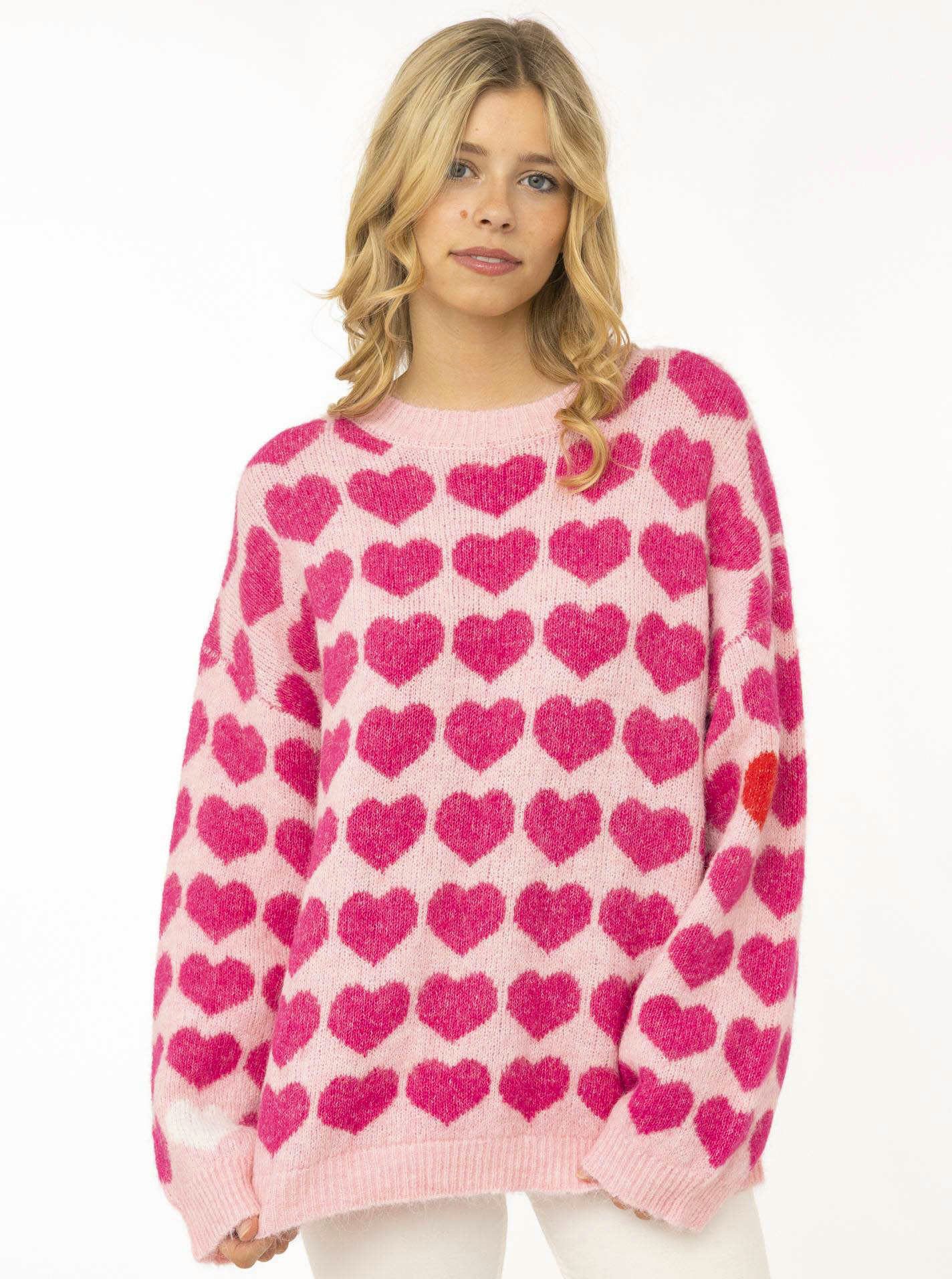 Zwillingsherz Strickpullover "HEARTS" oversize, Herzmuster, Rundhals, überschnittene Schultern, Strick