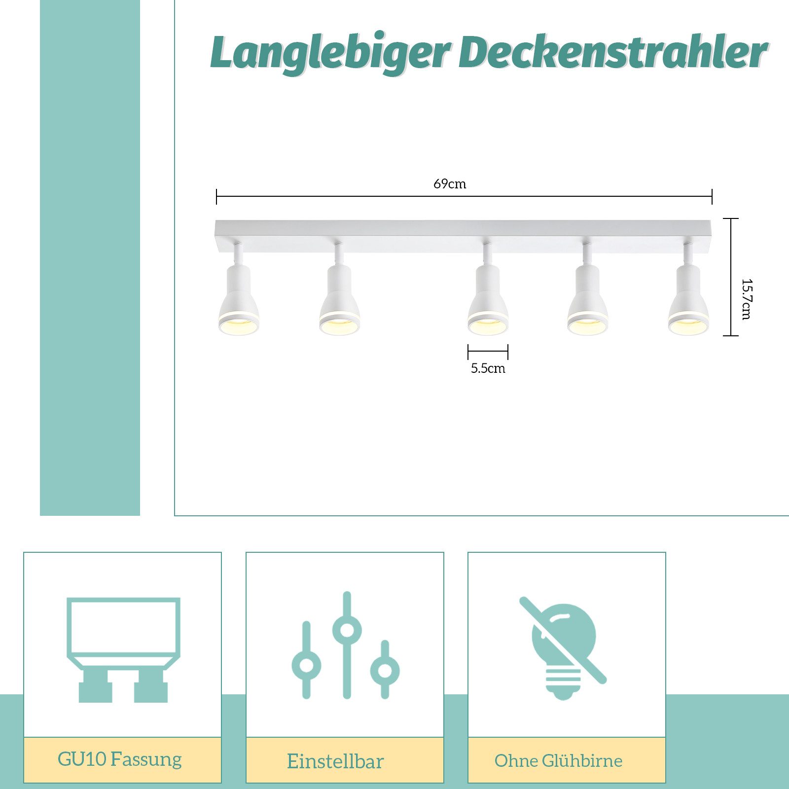 ZMH Deckenstrahler 5-Flammig Deckenlampe Einstellbar Metall für Esszimmer Wohnzimmer, Hohe Flexibilität, ohne Leuchtmittel