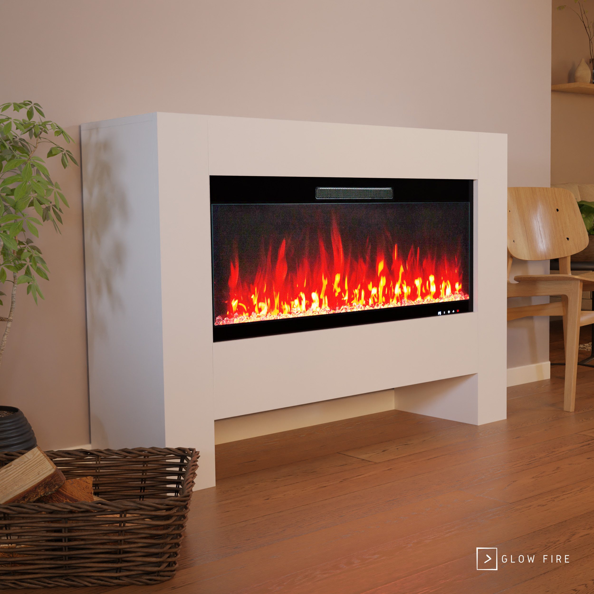 GLOW FIRE Elektrokamin weiß / grau / schwarz HERMES 3D LED Kamin mit Heizung, Elektrischer Kamin mit 3D Feuer mit Heizung, 2 Dekorationen