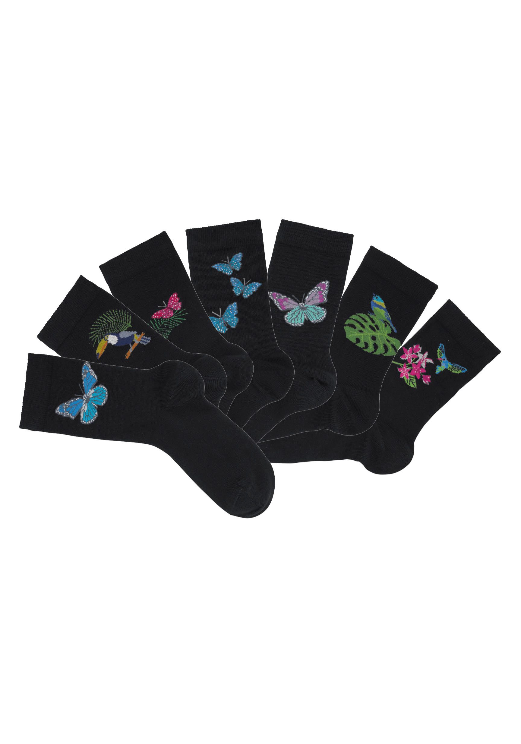 H.I.S Socken Damen lustige Motive Basic Socken für Freizeit und Alltag (Packung, 7-Paar, Gr. 58-38 bis 39-42) mit Schmetterlings- und Vogelmotiven