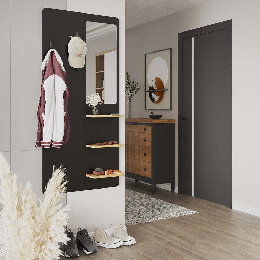 Vicco Garderobenschrank Jochen, Schwarz/Eiche, 70 x 150 cm mit Spiegel