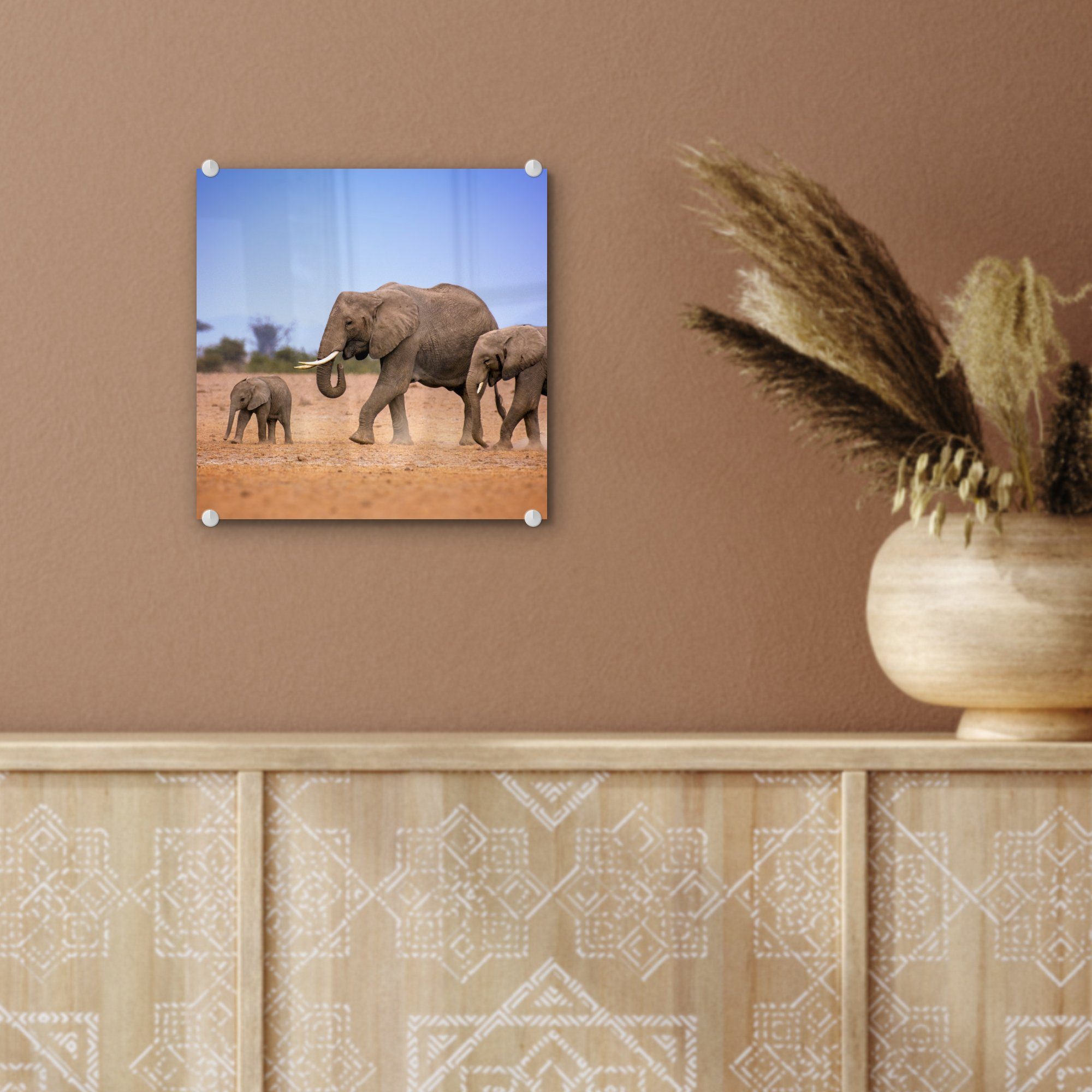 Acrylglasbild ihrem Glasbilder Wandbild - - Elefantenfamilie Baby MuchoWow auf (1 Kenia, Glas mit Foto St), in Glas - auf Wanddekoration Bilder