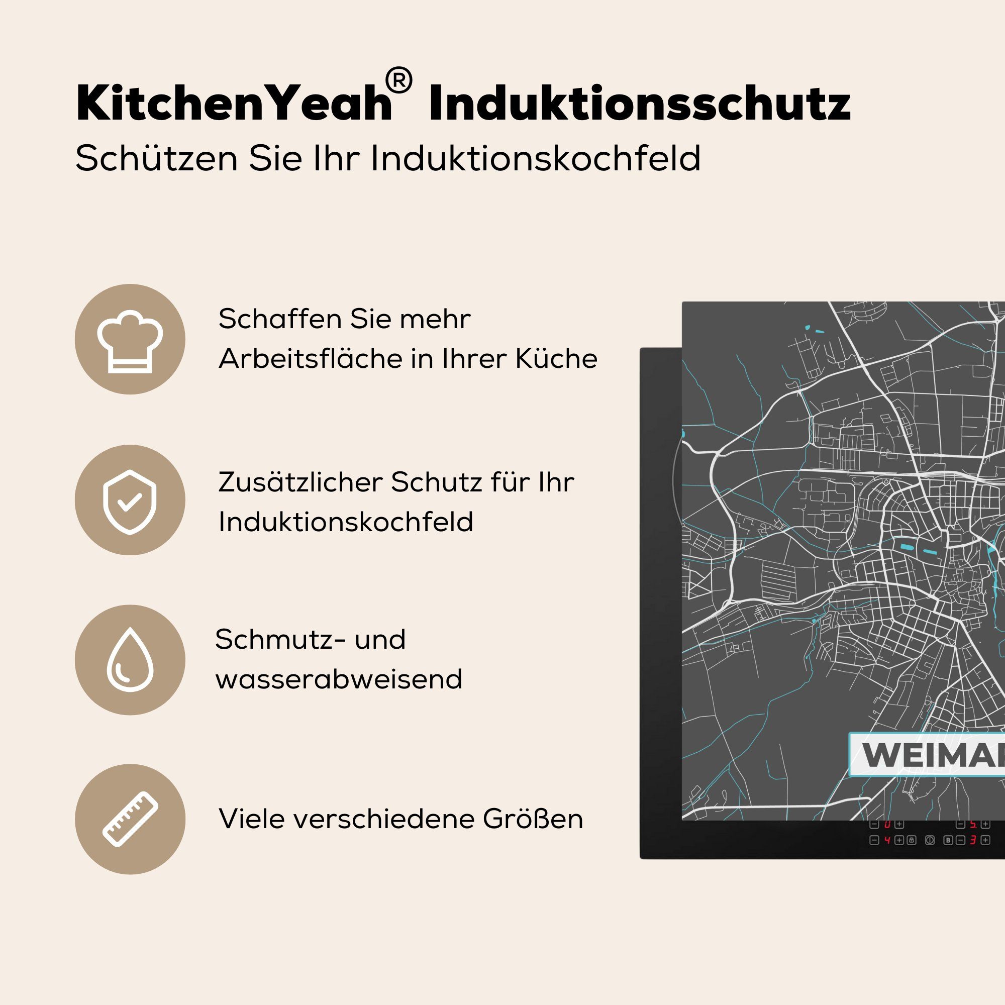- Karte cm, 78x78 Vinyl, Herdblende-/Abdeckplatte tlg), MuchoWow Ceranfeldabdeckung, Deutschland Weimar, (1 Stadtplan küche für - - Arbeitsplatte Blau -