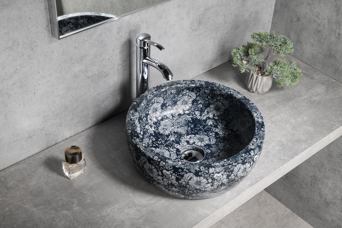 Sapho Waschtisch PRIORI Keramik-Waschtisch Ø 41 cm, blaue Blumen, Sapho-PI038