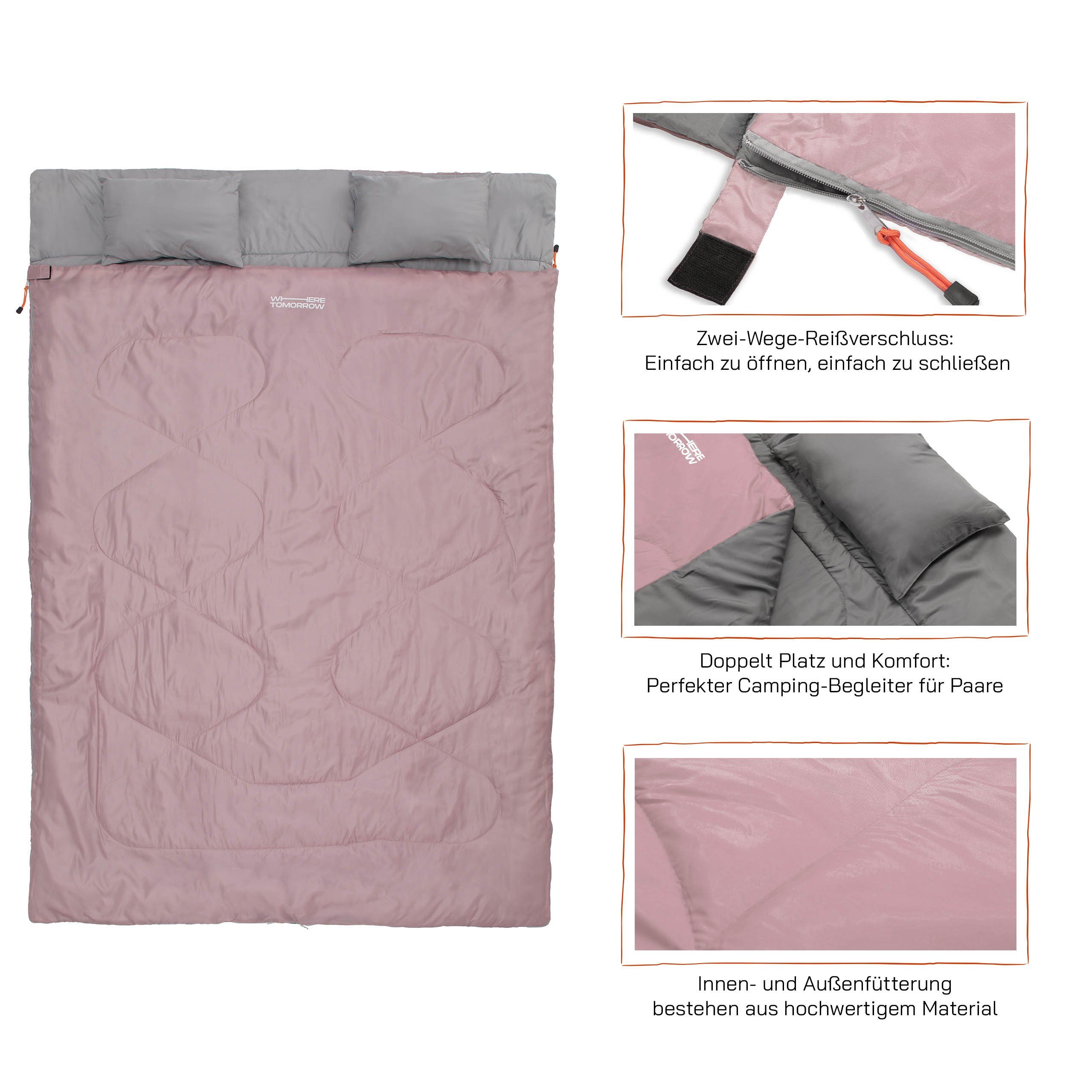 Lumaland Doppelschlafsack 2-Personen Schlafsack groß atmungsaktiv - wasserabweisend, 190x30x150cm Rose Hüttenschlafsack Kopfkissen