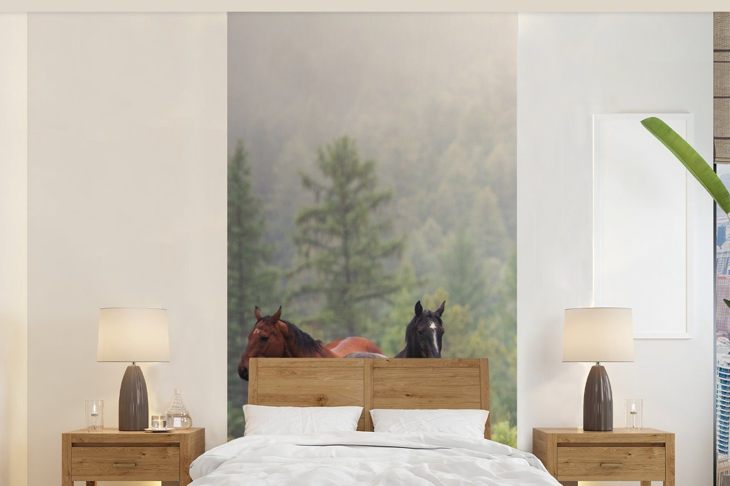 MuchoWow Fototapete Pferde - Wald - Nebel, Matt, bedruckt, (2 St), Vliestapete für Wohnzimmer Schlafzimmer Küche, Fototapete