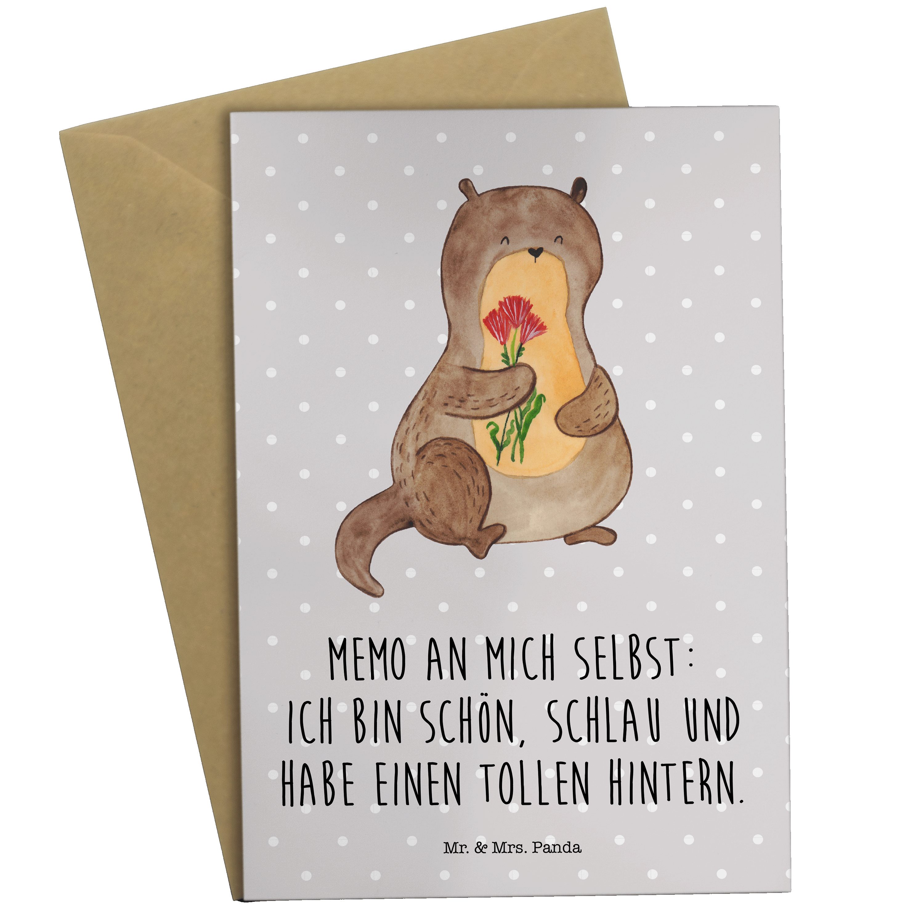 Mr. & Mrs. Panda Grußkarte Otter Blumenstrauß - Grau Pastell - Geschenk, süß, Otter Seeotter See