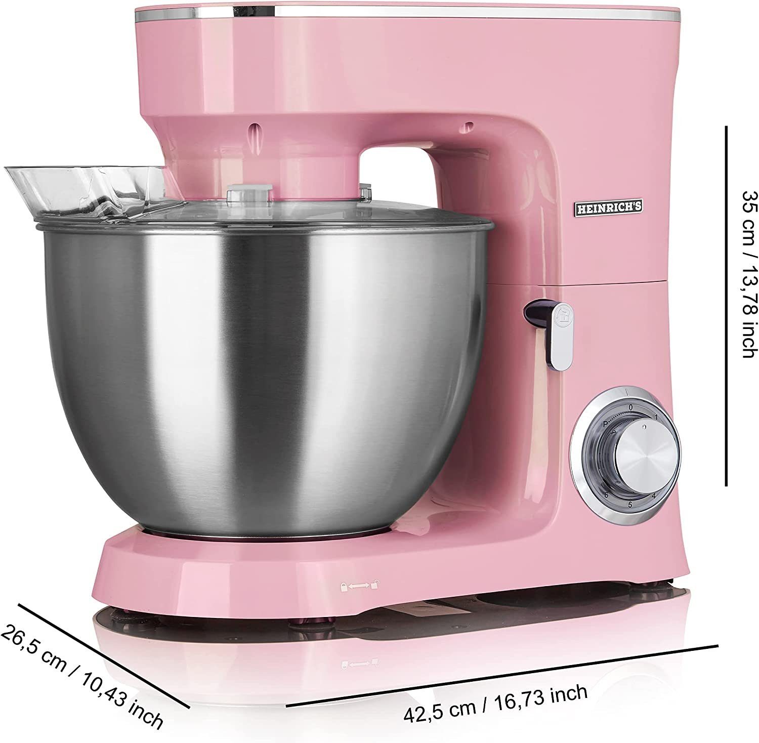 Schüssel, Pulse Funktion Heinrich´s 3 l Aufsätze 1500 Rosa Multifunktions-Küchenmaschine 8078, 8,00 Pastell HKM Teigmaschine Rühren/Kneten Knetmaschine W,