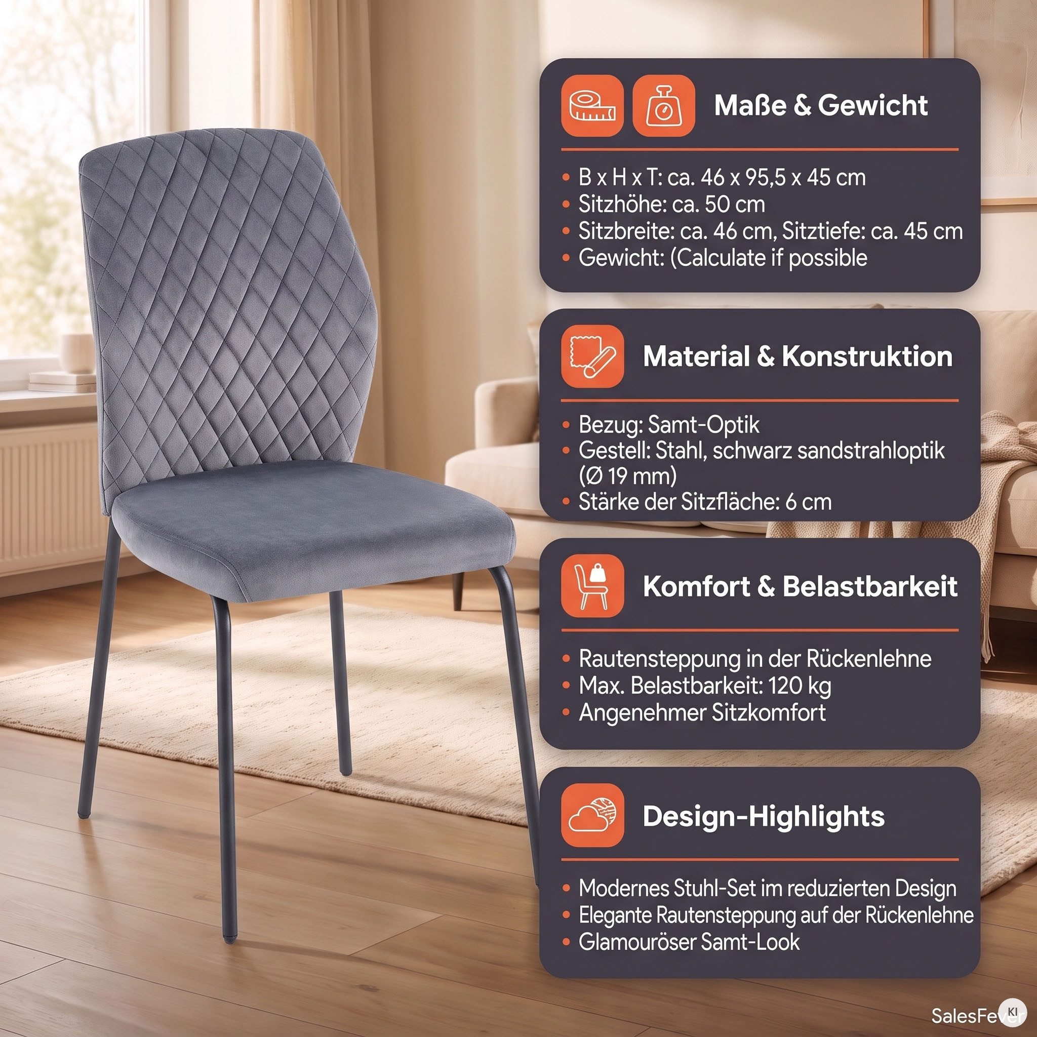 SalesFever 4-Fußstuhl Esszimmerstuhl mit elegantem Stil (Set, 2 St), 2er Set mit eleganter Wabensteppung im Rücken – Bild 3 von 5