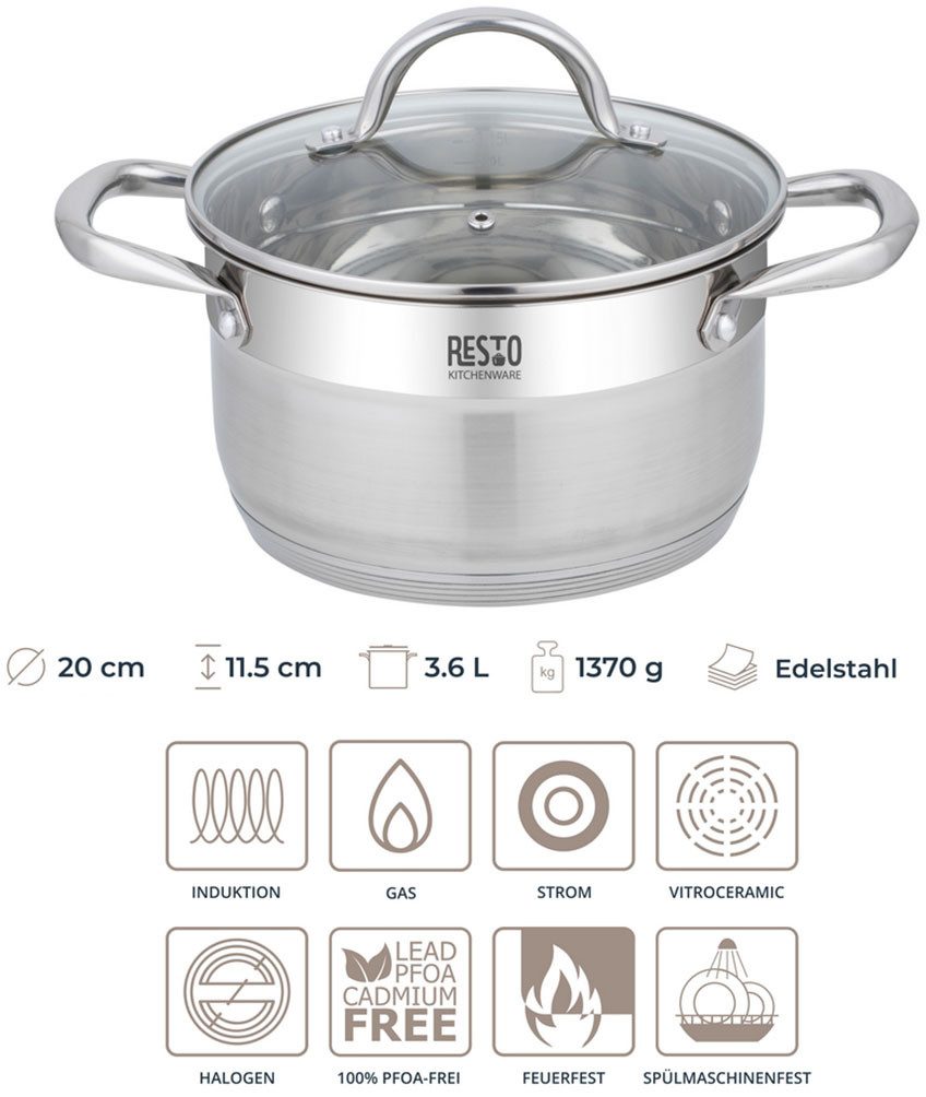 RESTO Kitchenware Kochtopf Rigel, Topf energiesparend und spülmaschinenfest, Edelstahl 18/10 (2-tlg), mit hitzebeständigem Glasdeckel, im Geschenkkarton
