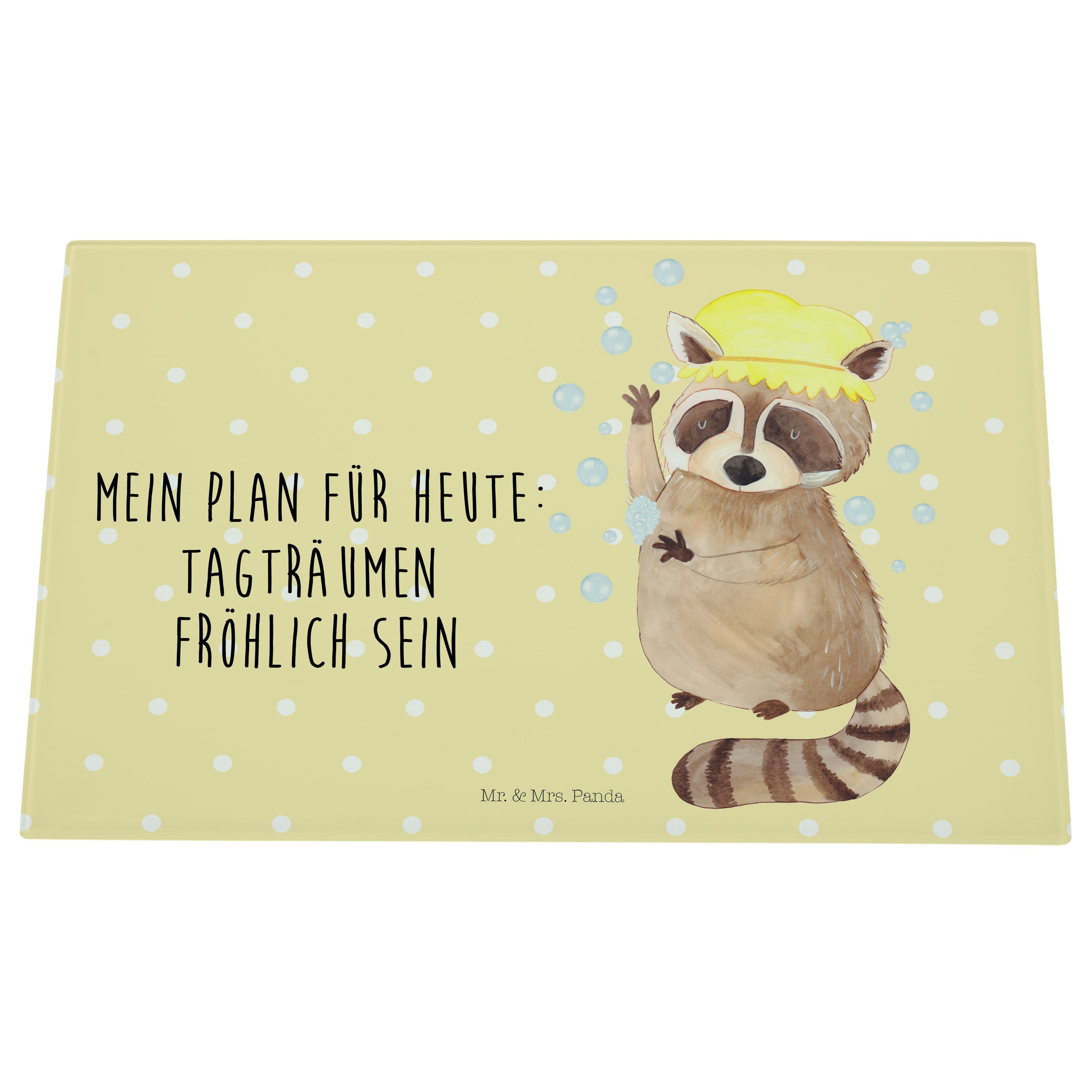 Panda Gelb & Pastell Mr. Premium Fröhlich, Glas, - Waschbär Mrs. Schneidebrett, (1-St) lustige, - Geschenk, Servierbrett