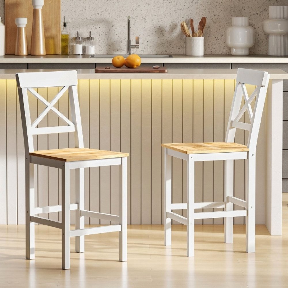 OKWISH Barhocker 2er Set Kiefernholz Barstuhl Landhaus Stil Natur (Set, 2 St., Holz Tresenhocker für Wohnzimmer Essbereich, klassisches Design), Barstuhl mit Lehne & Fußstütze, stabile Sitzmöbel für Küche