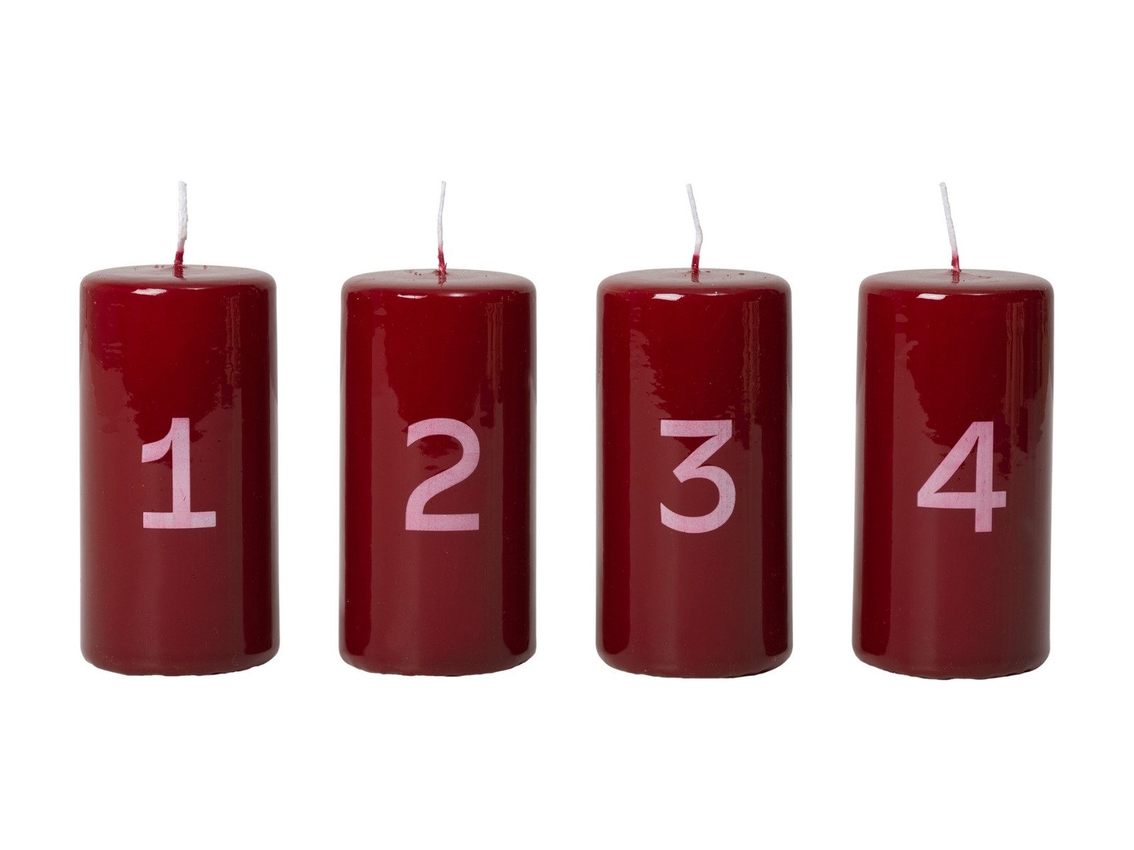 Broste Copenhagen Duftkerze Advent glänzendes Kalenderlicht burgundy/white 10cm Set4