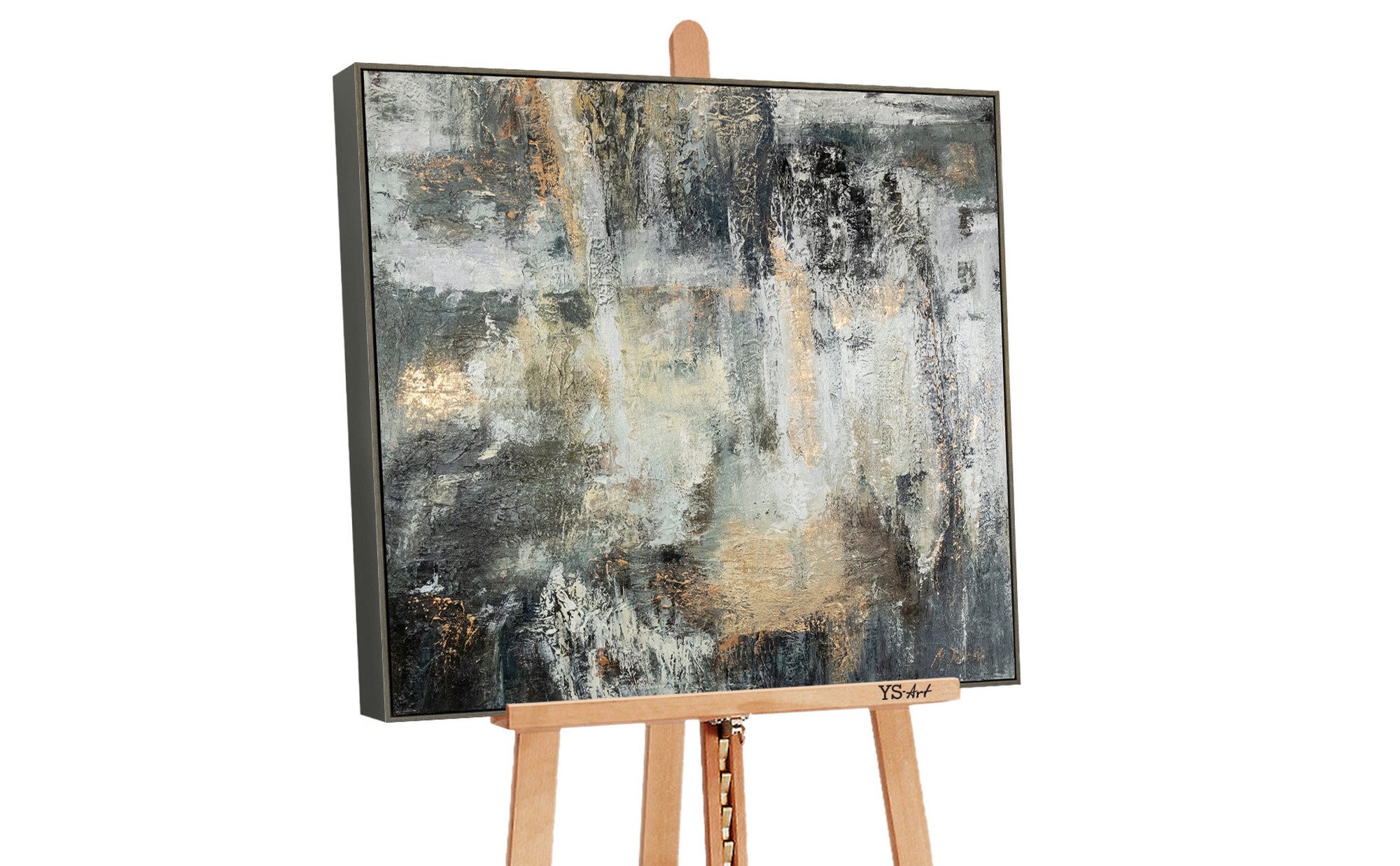 YS-Art Картина Schwerelosigkeit, Leinwand Bild Handgemalt Abstrakt Gold Schwarz Quadratisch mit Rahmen