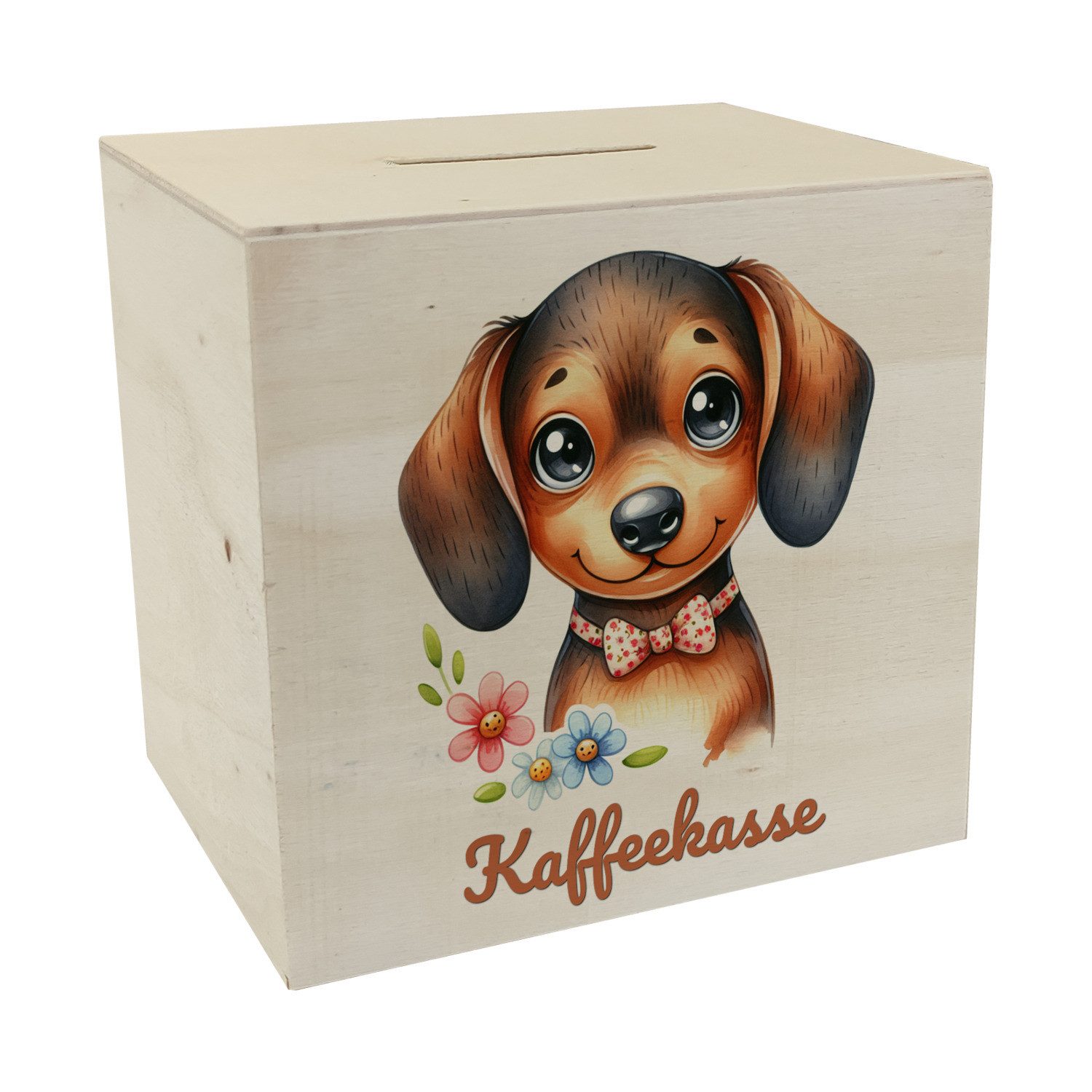 Spardose Dackel mit Schleife Spardose aus Holz mit Spruch Kaffeekasse
