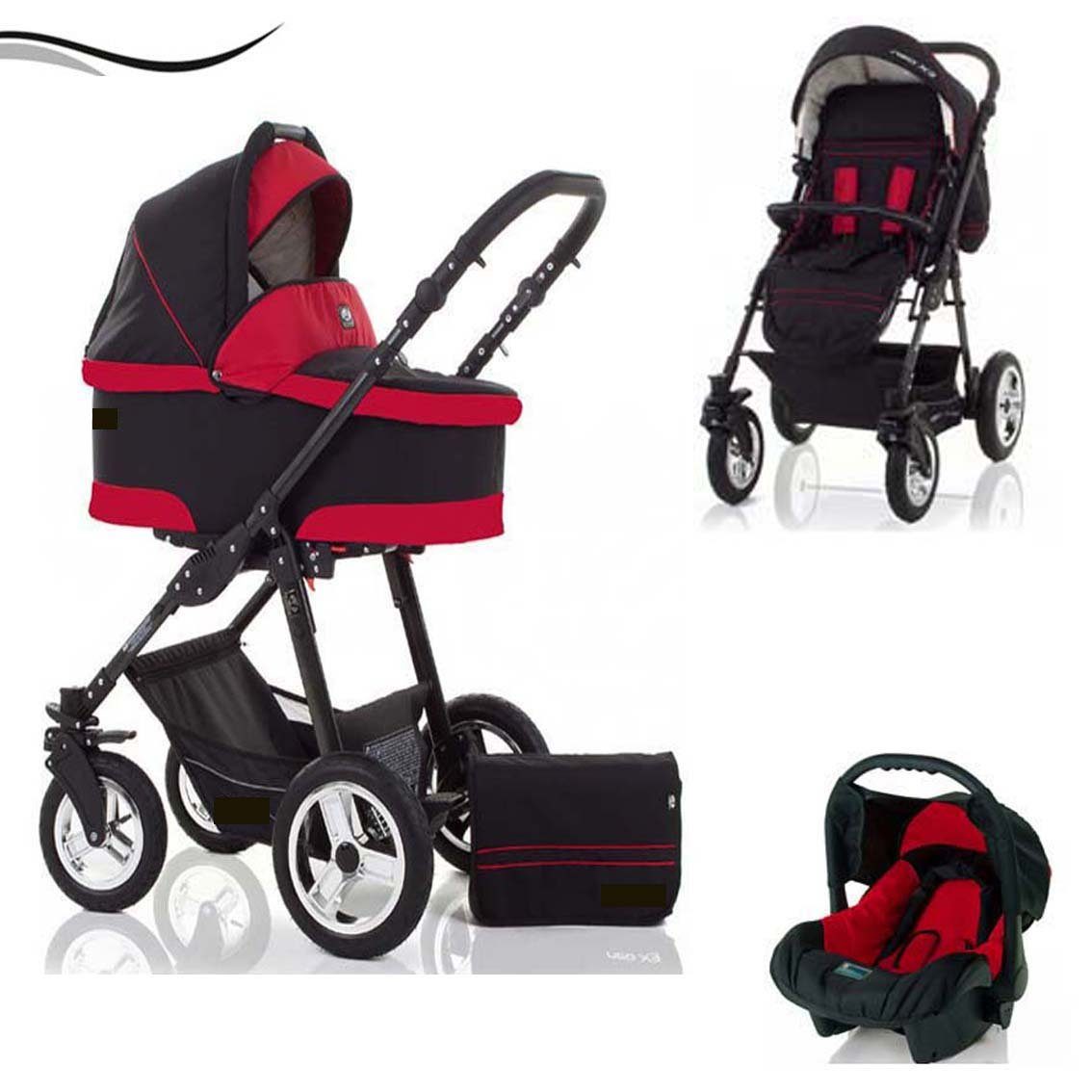 babies-on-wheels Kombi-Kinderwagen City Star 3 in 1 inkl. Autositz - 16 Teile - von Geburt bis 4 Jahre in 16 Farben Schwarz-Rot
