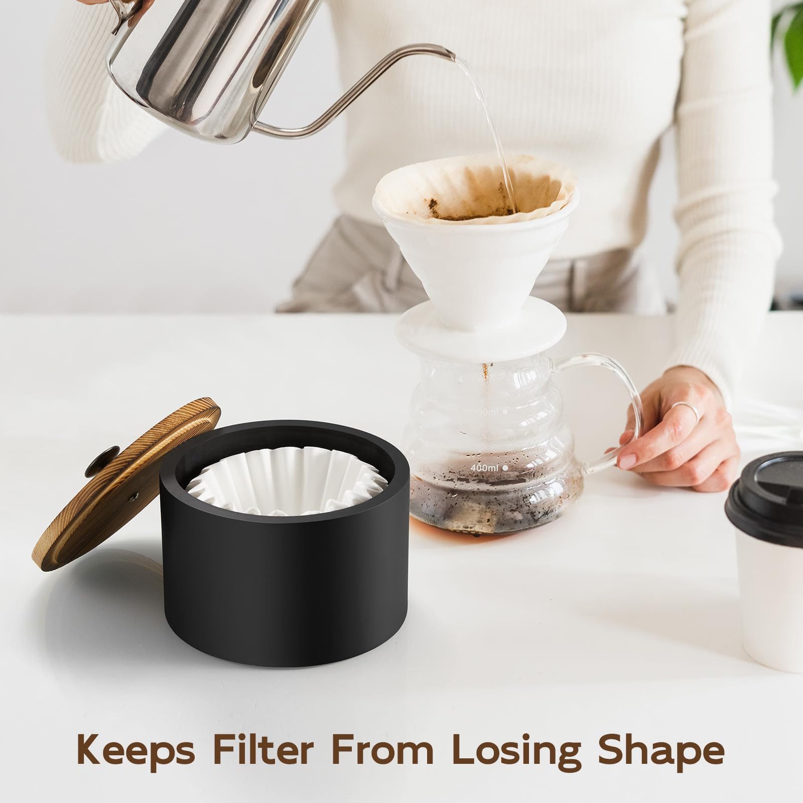 SURFOU Papierfilter Kaffeefilterhalter aus Holz für Kaffeestation und Küche, Holz, Zubehör für Kaffeefilter - Kegel- & Korbfilter, Auch für Kaffeepads geeignet, Staubgeschützte Aufbewahrung, Schneller Zugriff, Platzsparendes Design