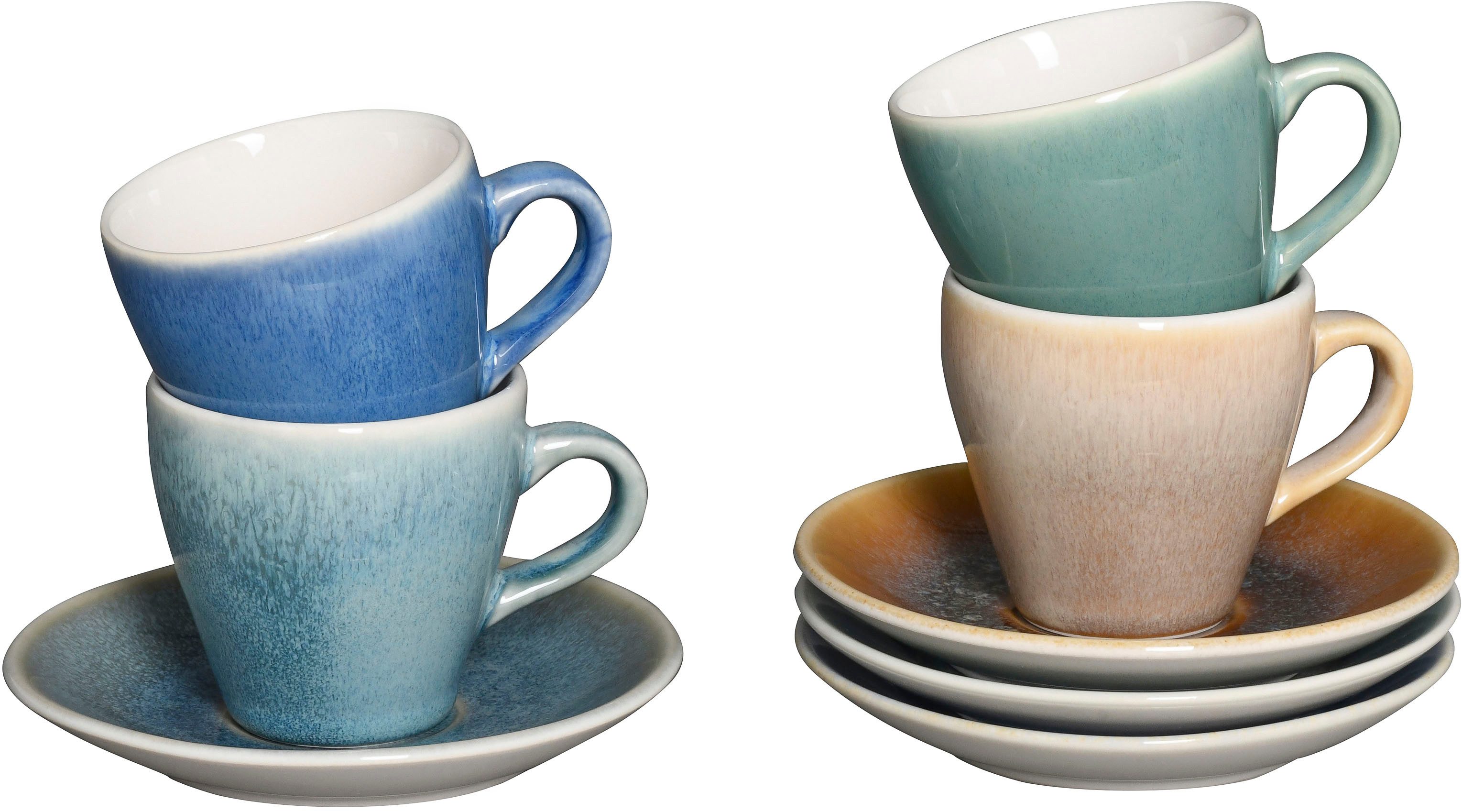 CreaTable Espressotasse Caldera Mix, Espresso-Set, 8-tlg., 8-tlg., Steinzeug, Reaktivglasur