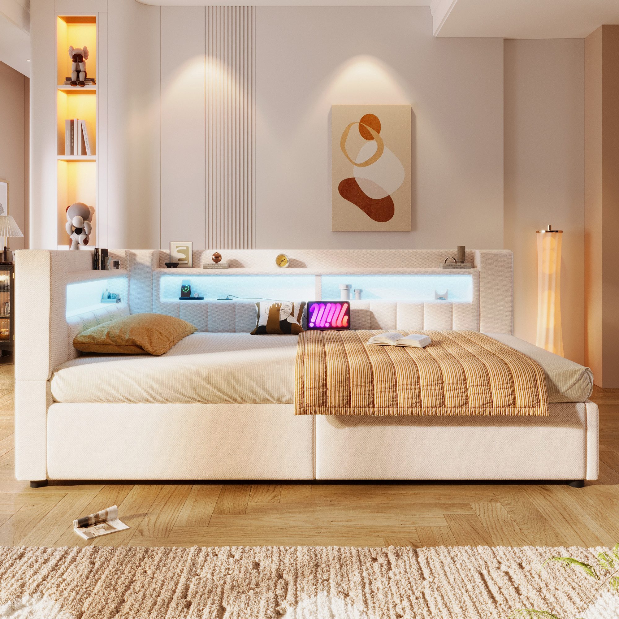 Merax Daybett 90x200cm mit LED-Beleuchtung und USB&Typ-C Ladefunktion (Jugendbett Einzelbett Sofabett, 1 tlg), Tagesbett mit hydraulischem Stauraum & Staufächer – Bild 2 von 5