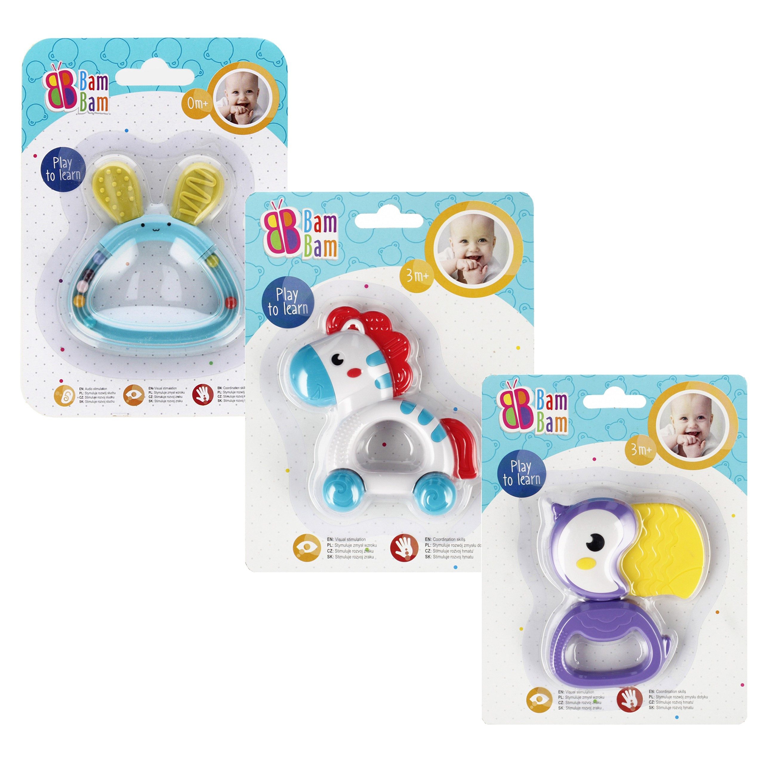 BAM BAM Rassel Baby-Spielzeug: 3x Tier-Rassel Zebra, Hase, Tukan Bam Bam