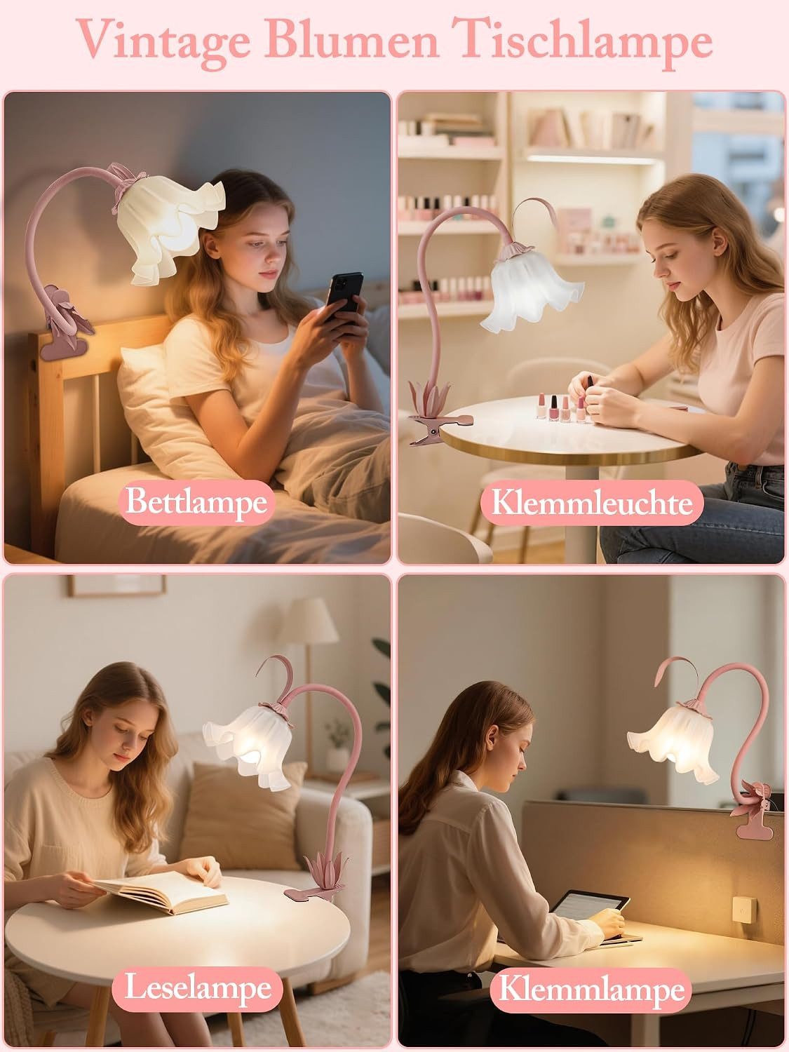 FELIXLEO LED Schreibtischlampe LED Leselampe mit Clip, rosa Blume, USB, Klemmlampe – Bild 5 von 5