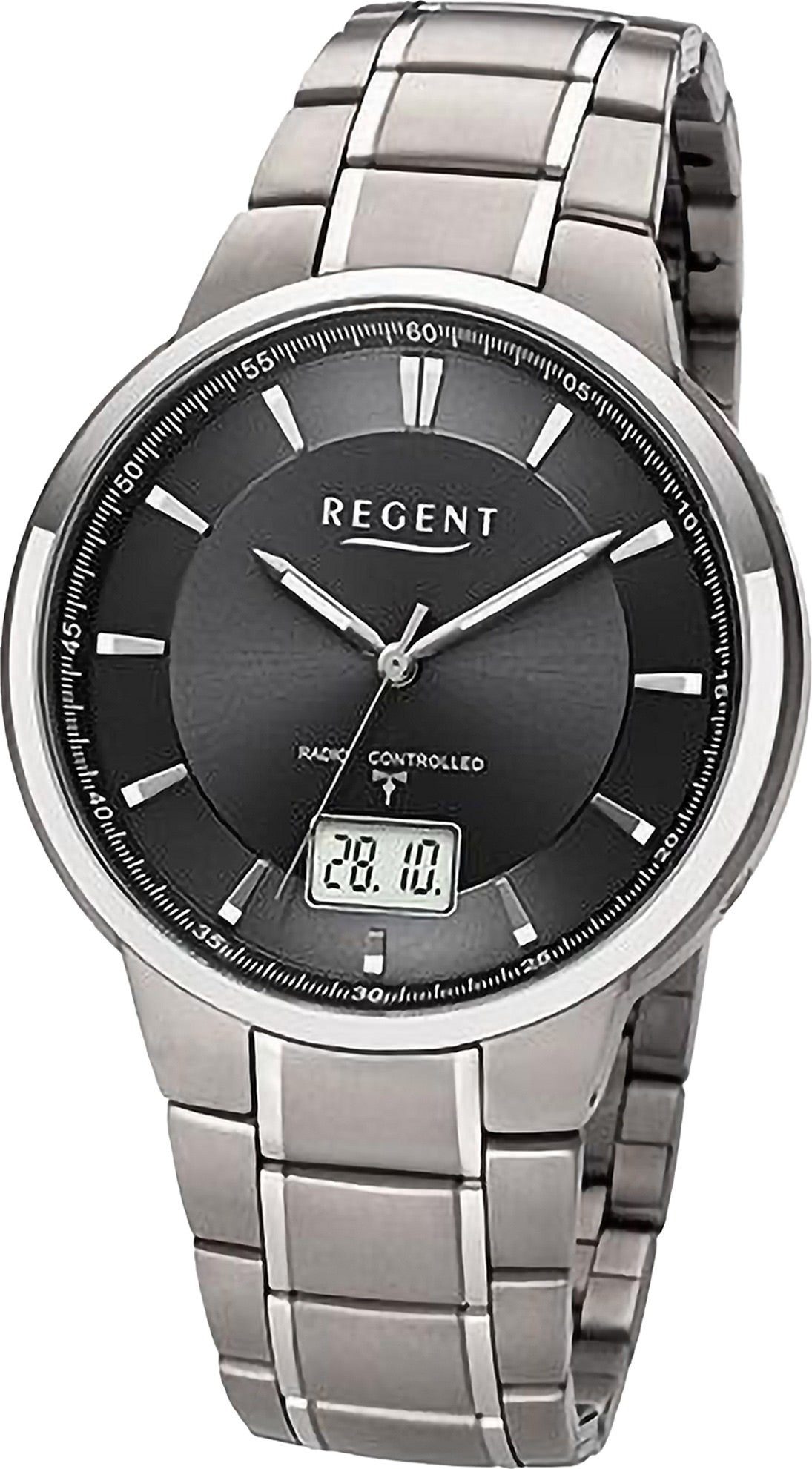 Regent Funkuhr Regent Herren Funkuhr Analog-Digital, (Funkuhr), Herren Funkuhr rund, extra groß (ca. 40mm), Metallarmband