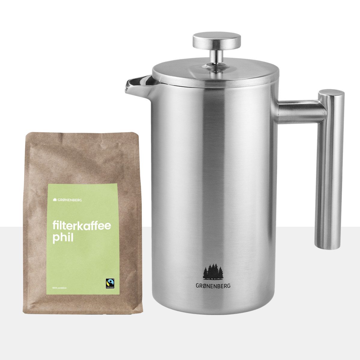 GRØNENBERG French Press Kanne Spar Set 5: Bio Kaffeepulver 250g + French Press (2 Größen), Edelstahl Kaffeebereiter mit Thermo Effekt & inkl. Ersatz Filter