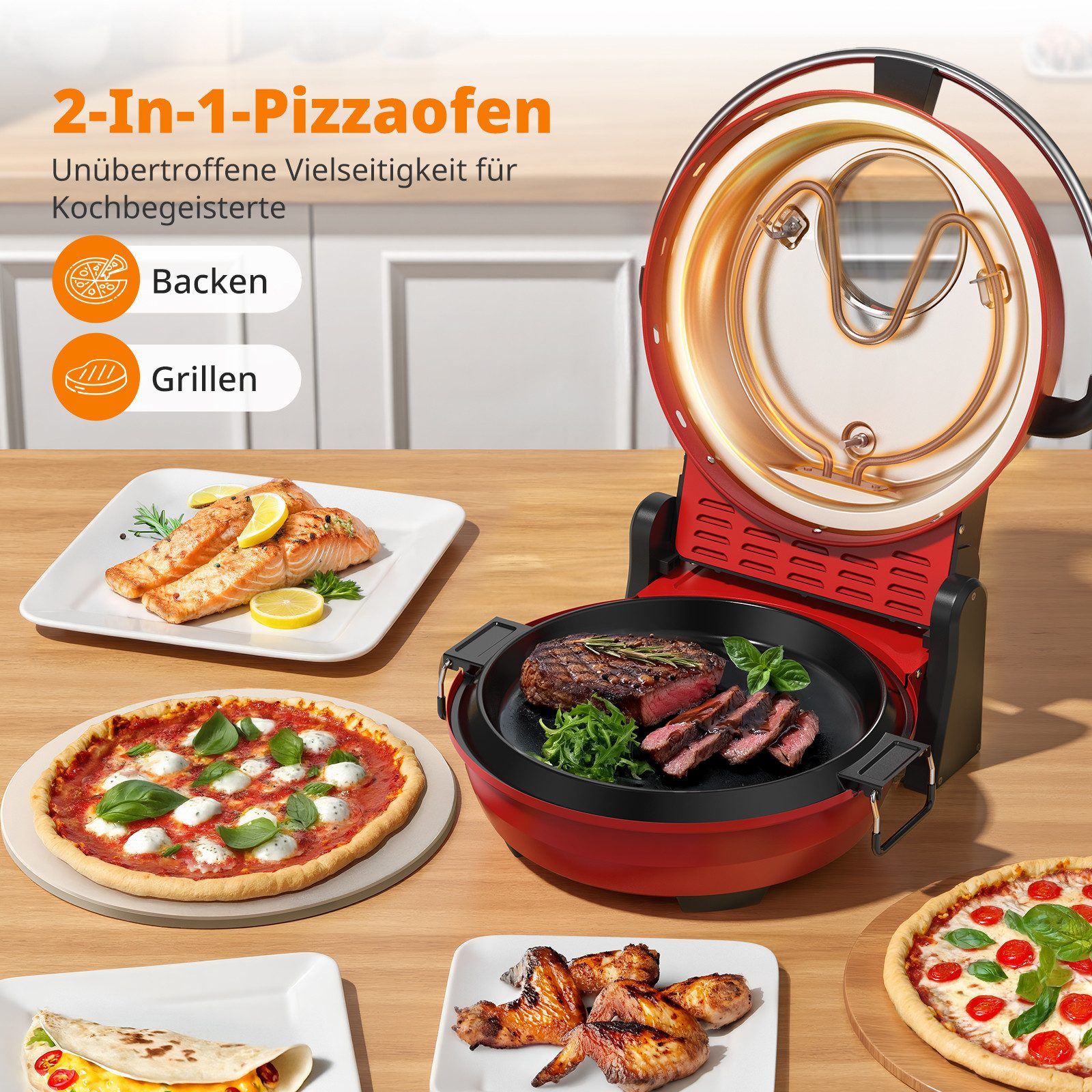 Airmsen Pizzaofen 2-in-1 1500W mit Pizzastein & Grillpfanne, 32 cm, 425°C, kompakt für Pizza, Flammkuchen & Snacks zuhause