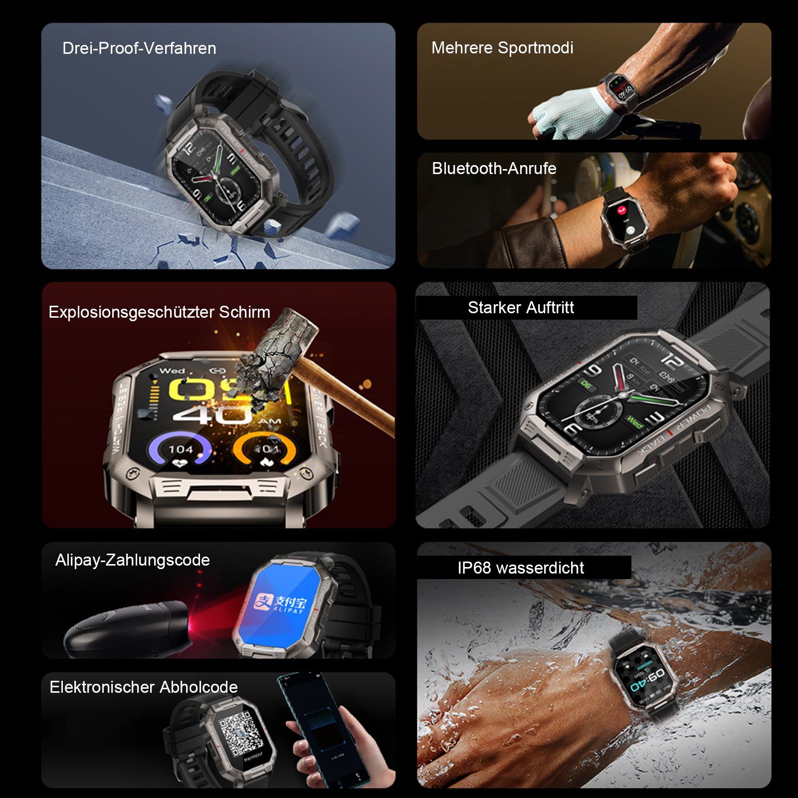 REDOM Wasserdichte Fitnessuhr Tracker Uhr Smartwatch mit großem Bildschirm Smartwatch (1.83 Zoll) Intelligente Alltagsbegleiter-Funktionen Sportuhr mit 100+ Sportmodi, 1-tlg., Für iOS & Android IP68 wasserdicht 3-fach Schutztechnologie, Mit Pulsmesser Schrittzähler Schlafmonitor HX3605-Sensor BT-Telefonie