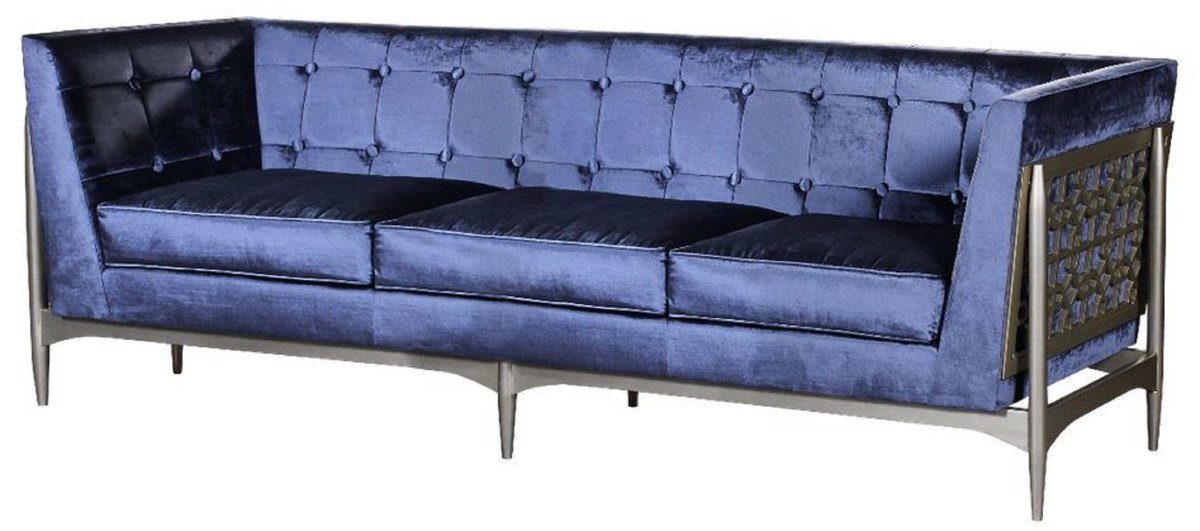 Casa Padrino 3-Sitzer Luxus Art Deco 3er Sofa Blau / Grau 250 x 76 x H. 83 cm - Edles Samt Sofa mit Mahagoni Rahmen - Art Deco Wohnzimmer Möbel