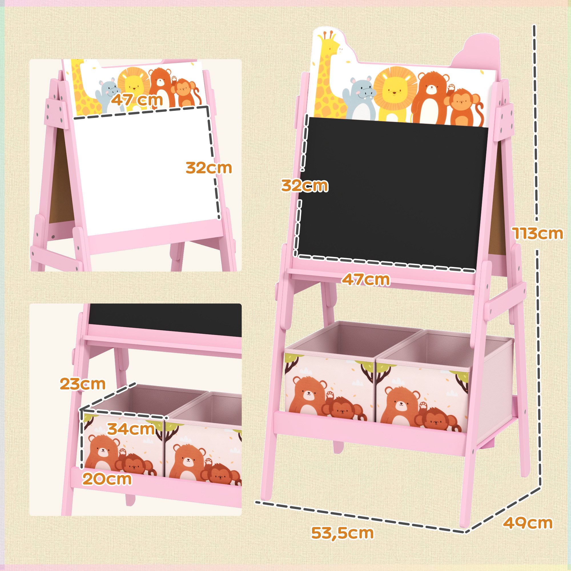 AIYAPLAY Tafel Staffelei mit Kreidetafel, Whiteboard, Aufbewahrungsboxen, (Kinder Staffelei, 1-tlg., Kindertafel), für Kinder 3-8 Jahre, Rosa