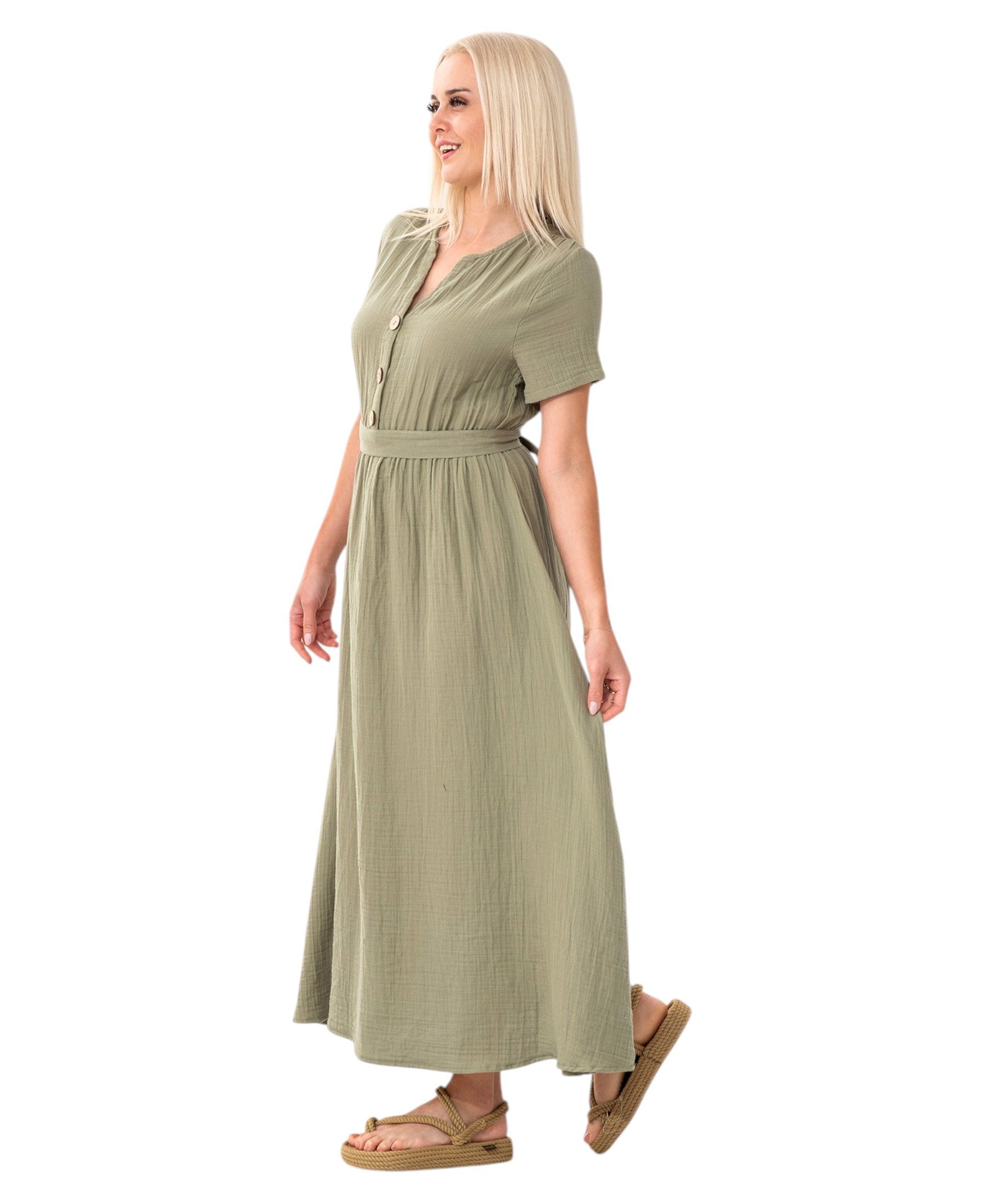 WENOR Sommerkleid Musselin Boho Kleid mit Knopfleiste & Taillenband, Freizeitkleid (1-tlg) Vorn mit Holzknöpfen, Bindegürtel an der Taille – Bild 4 von 5