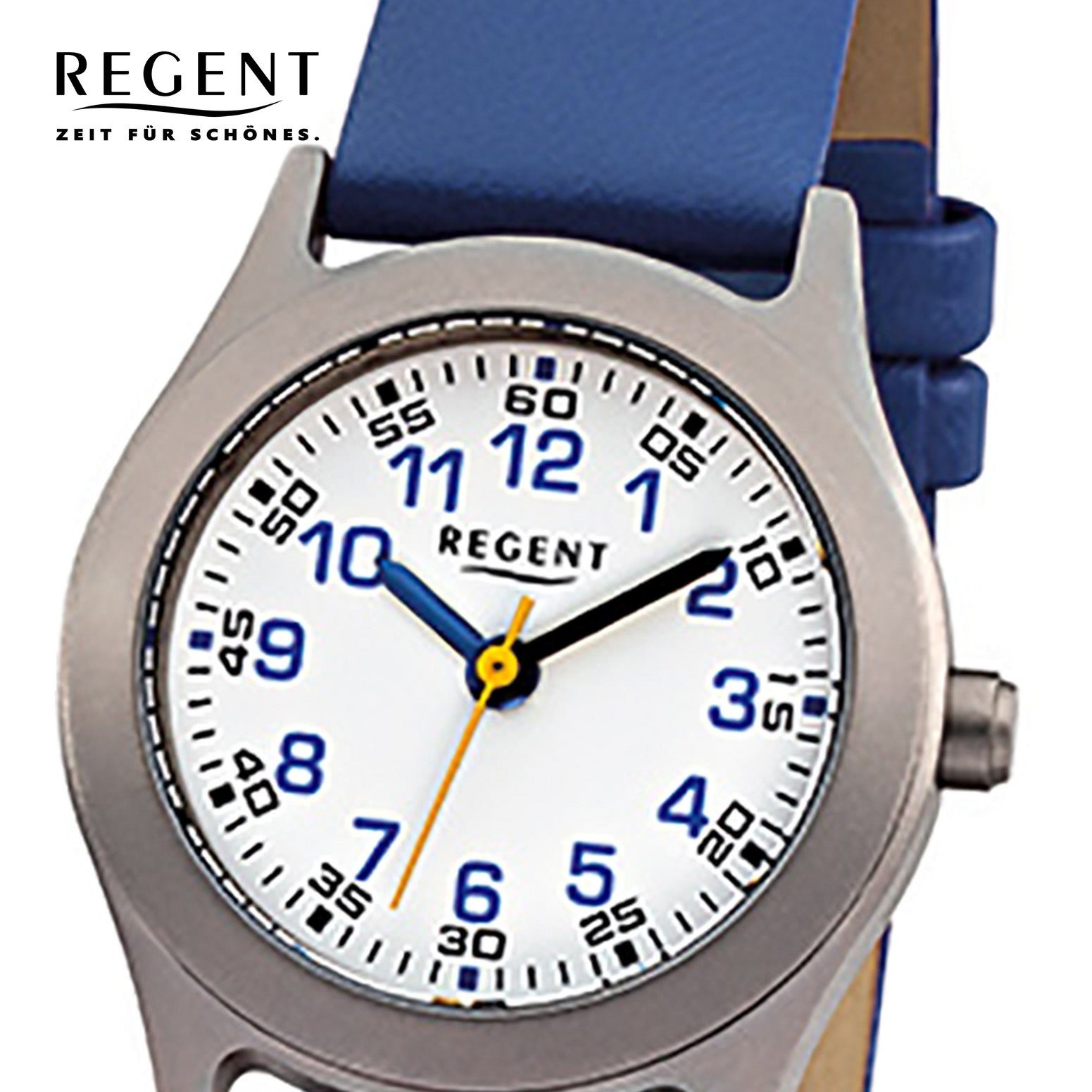 Regent Quarzuhr Regent Kinder-Armbanduhr blau Analog F-947, (Analoguhr), Kinder Armbanduhr rund, klein (ca. 26mm), Lederarmband