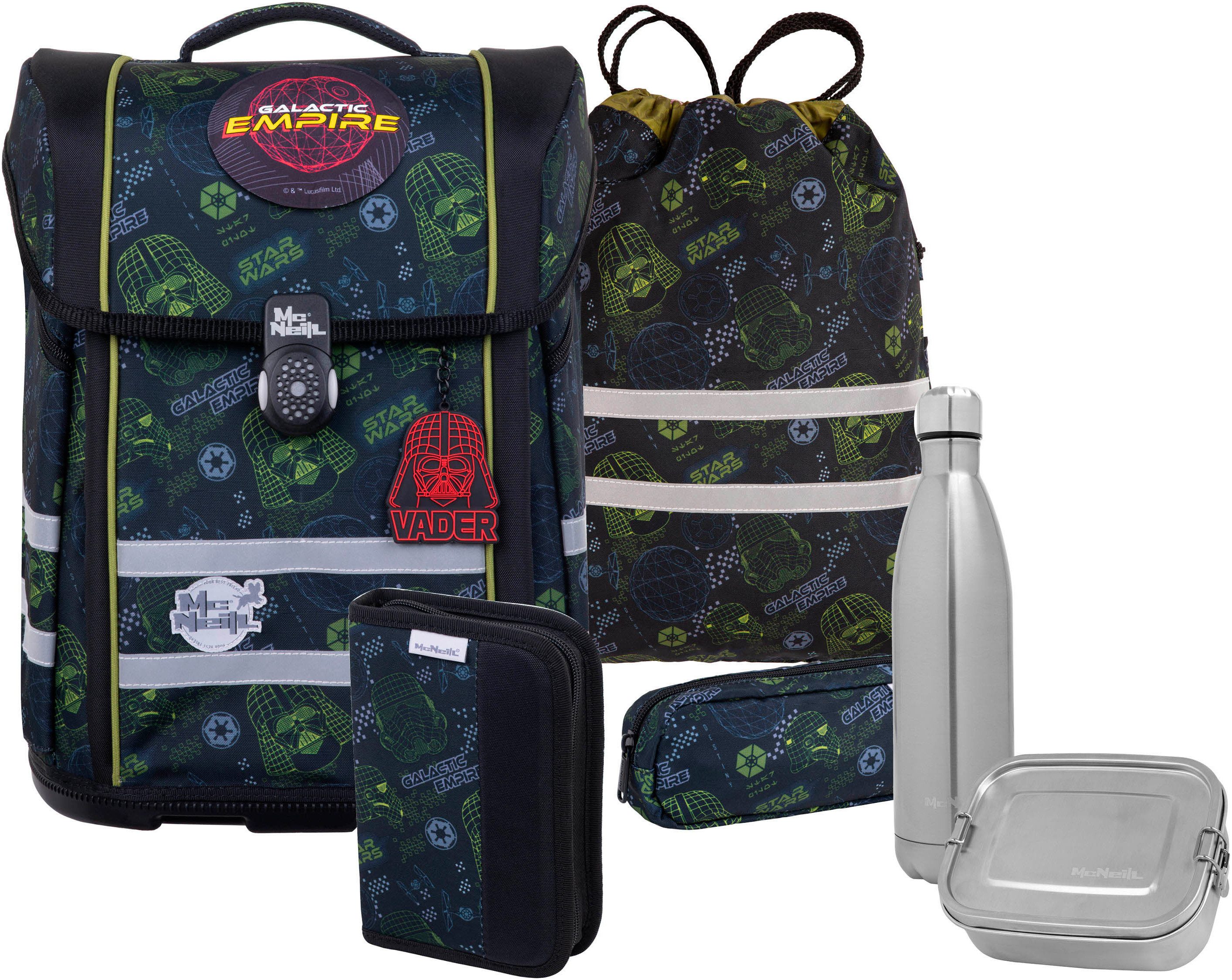 McNeill Schulranzen Perfecto, Star Wars II (Set, 5-tlg), inkl. Federmäppchen, Turnbeutel, Schlamperrolle & Motivmagnet